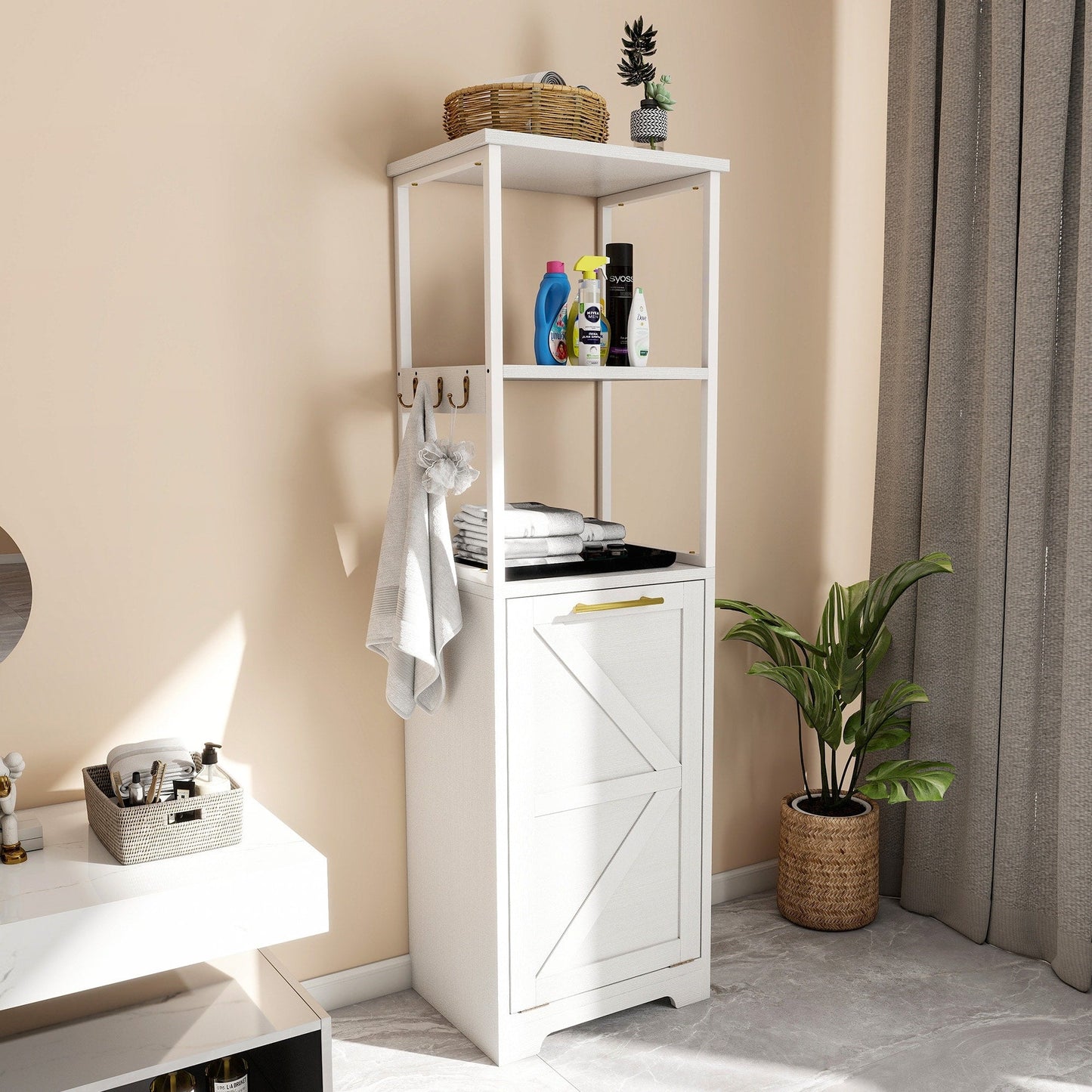 Moasis 53H 3-Tier Tilt Out Laundry Hamper Bathroom Storage Shelf Cabinet with Basket