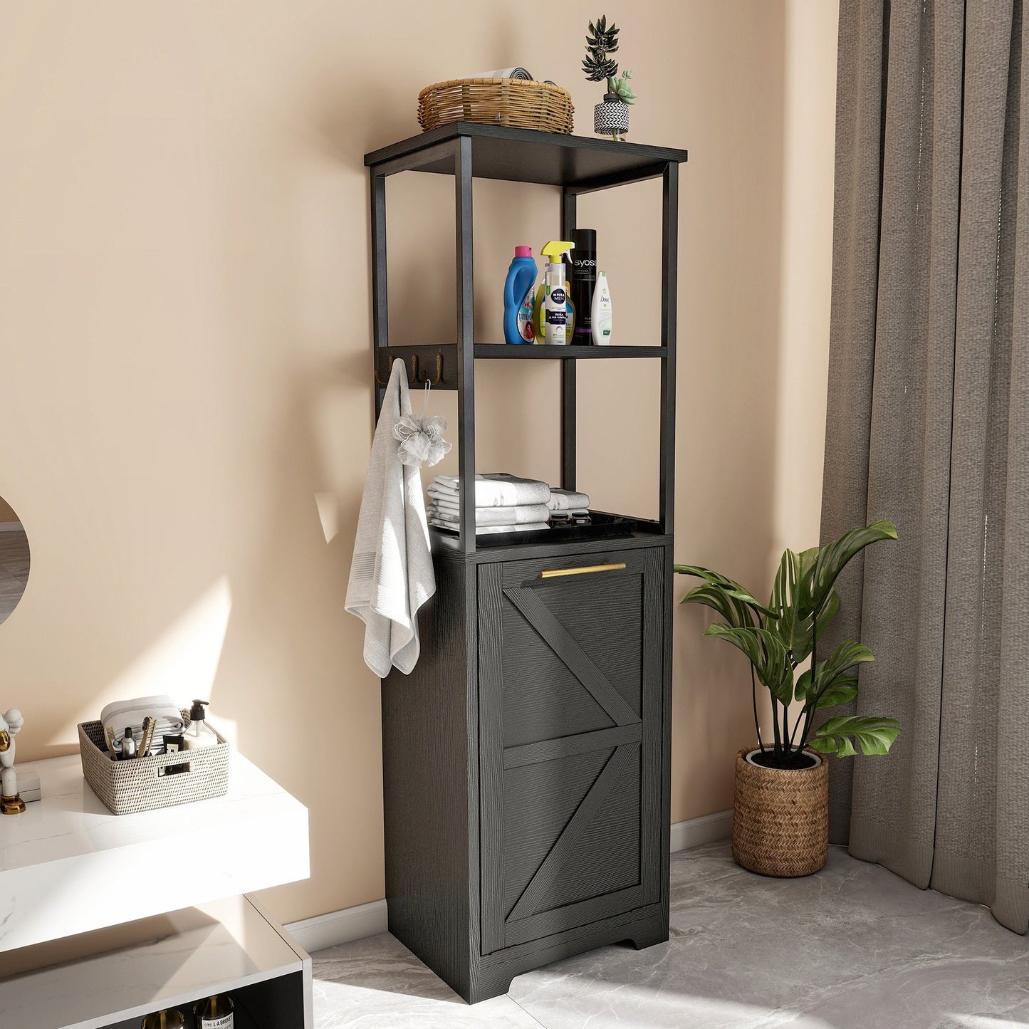 Moasis 53H 3-Tier Tilt Out Laundry Hamper Bathroom Storage Shelf Cabinet with Basket