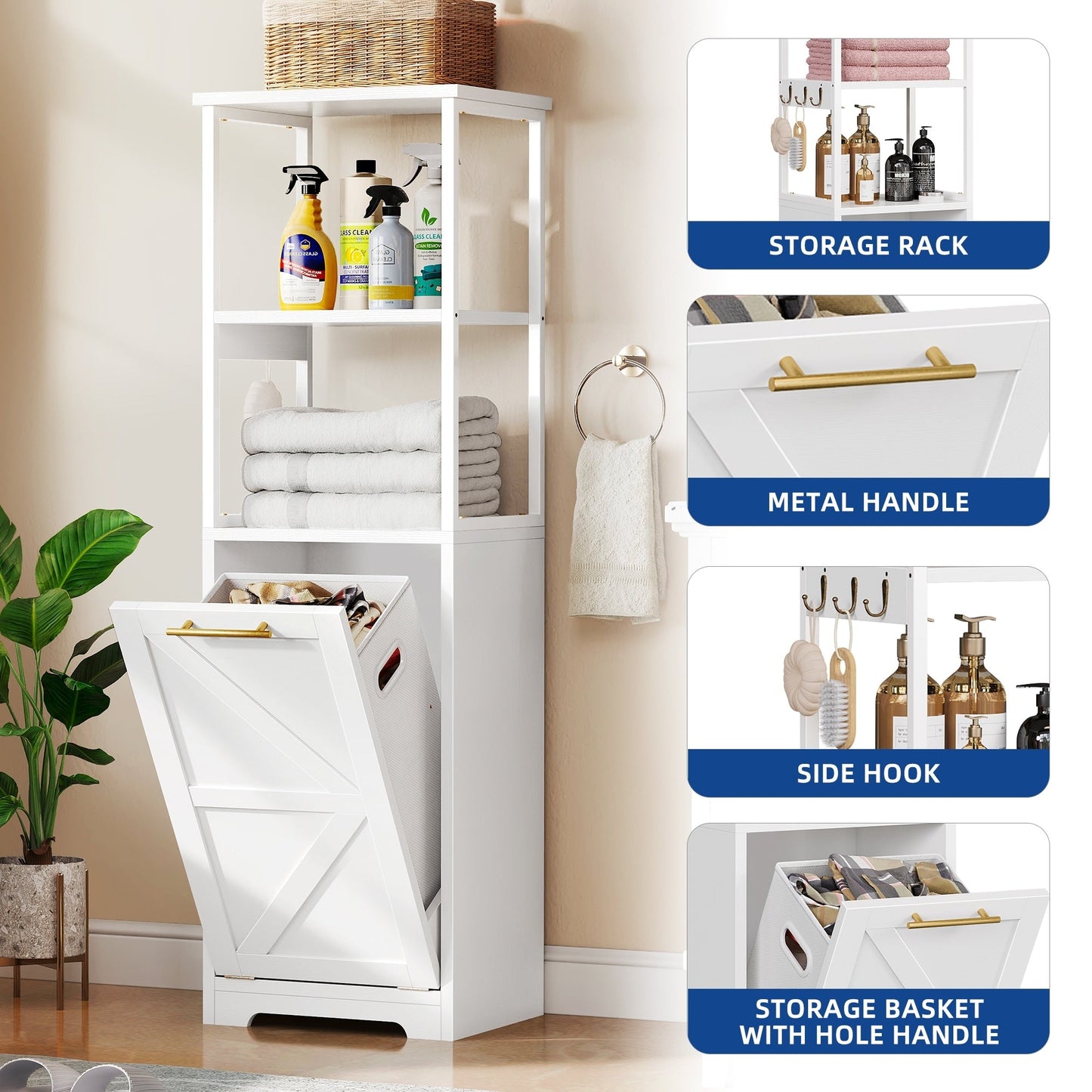 Moasis 53H 3-Tier Tilt Out Laundry Hamper Bathroom Storage Shelf Cabinet with Basket