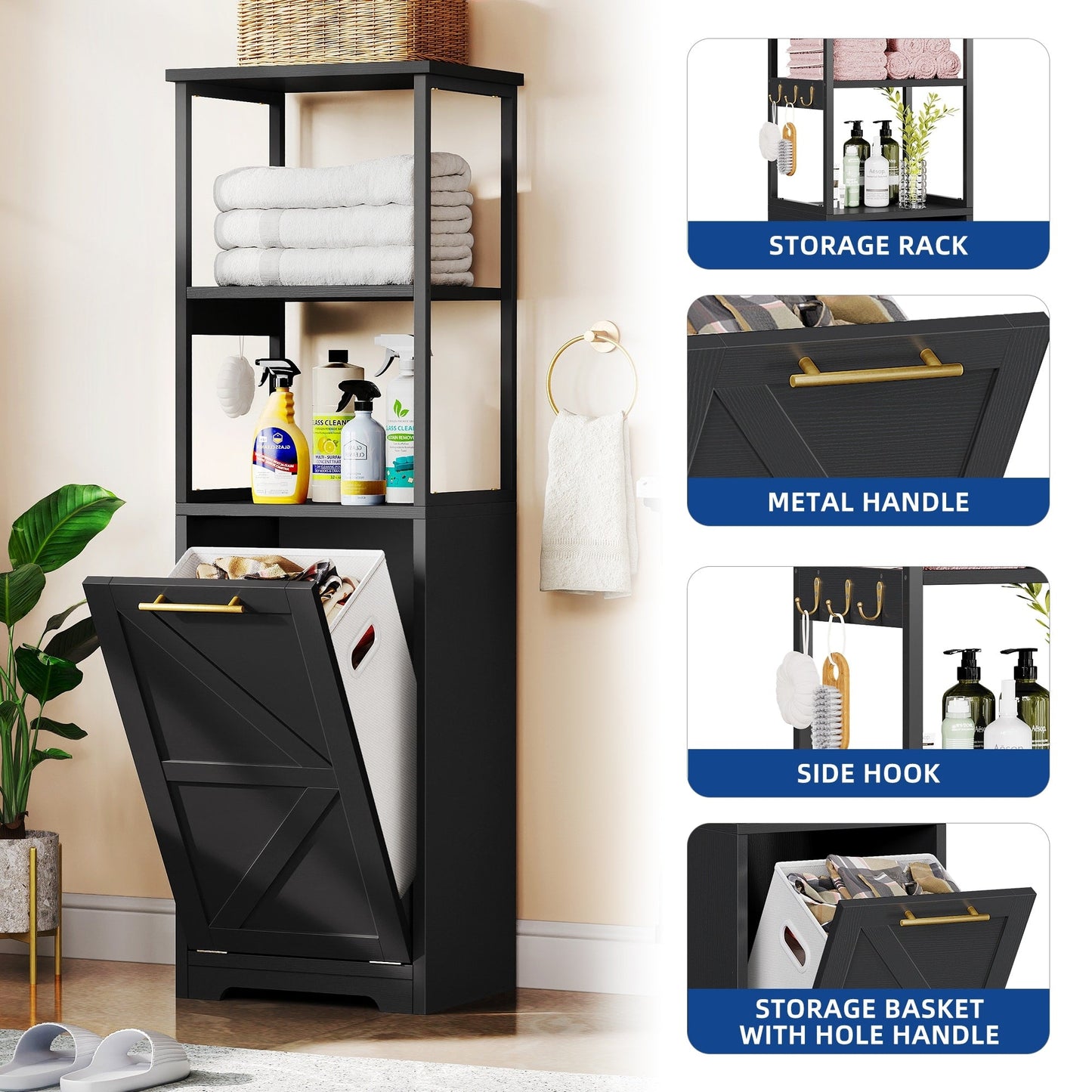 Moasis 53H 3-Tier Tilt Out Laundry Hamper Bathroom Storage Shelf Cabinet with Basket