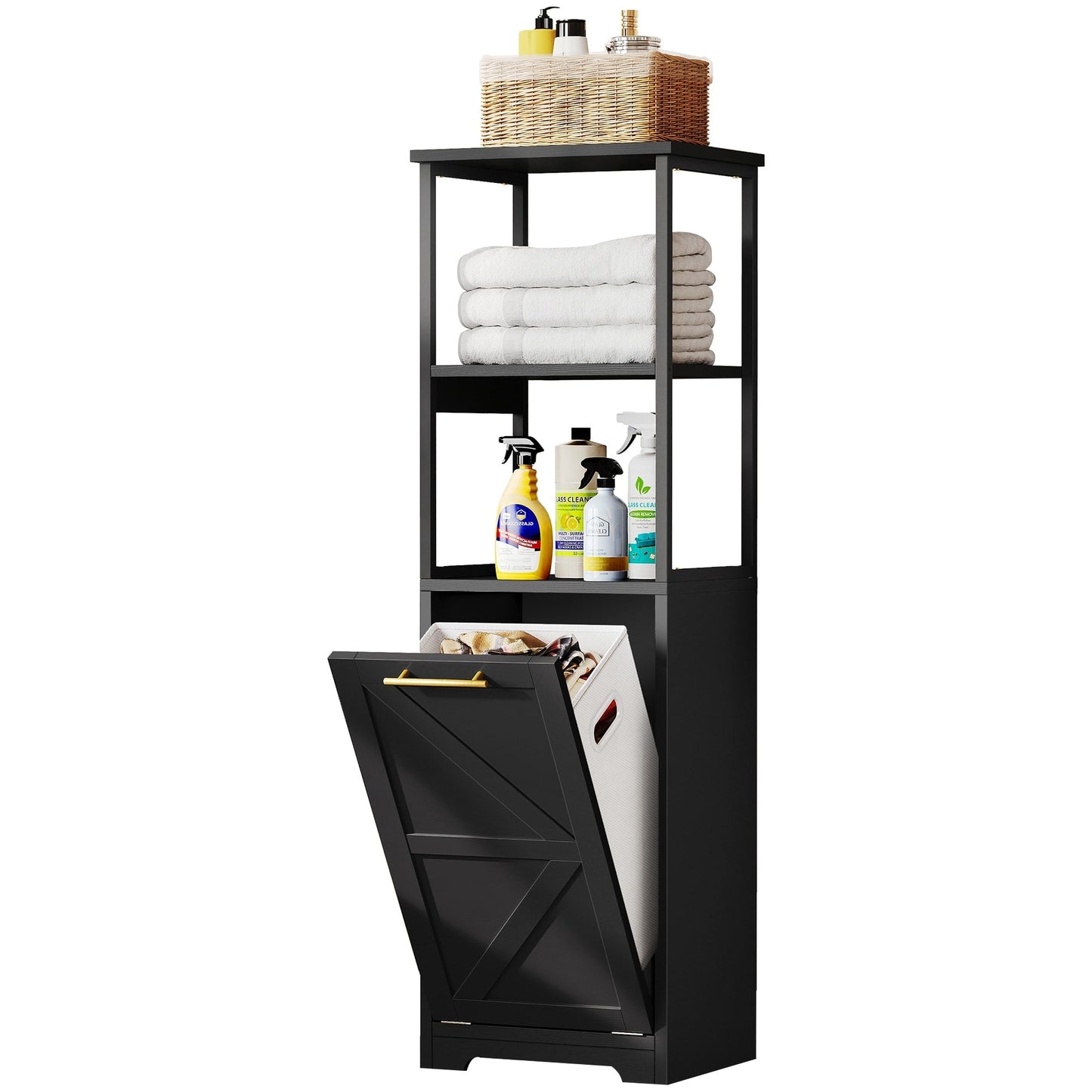 Moasis 53H 3-Tier Tilt Out Laundry Hamper Bathroom Storage Shelf Cabinet with Basket