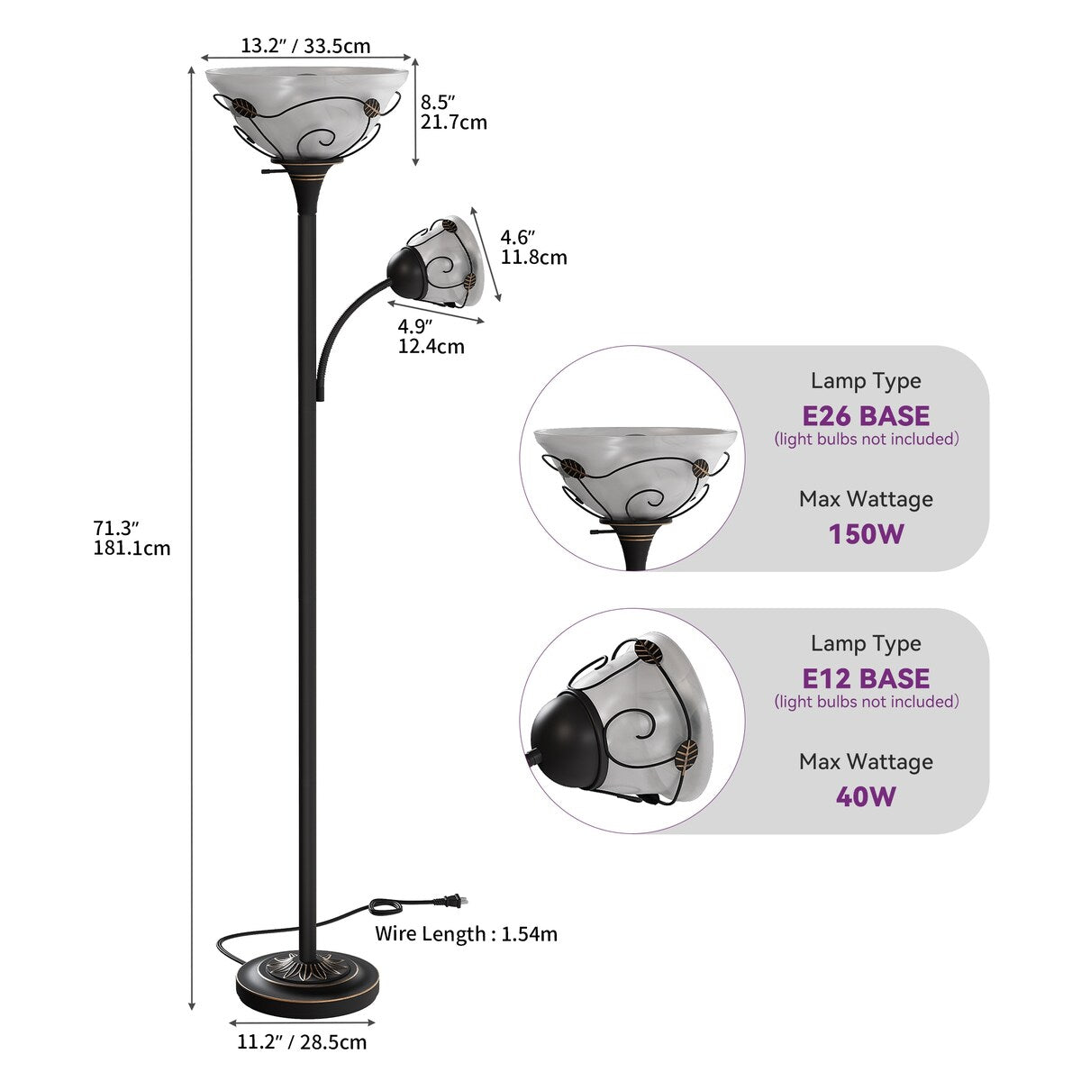 Moasis 71 Traditional Torchiere Floor Lamp with Adjustable Reading Light, Alabaster glass shades - 71H
