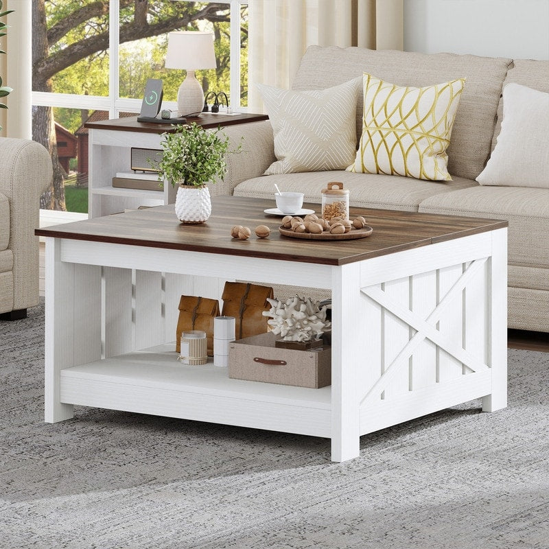 Moasis Farmhouse Coffee Table with Storage for Living Room Square Center Table