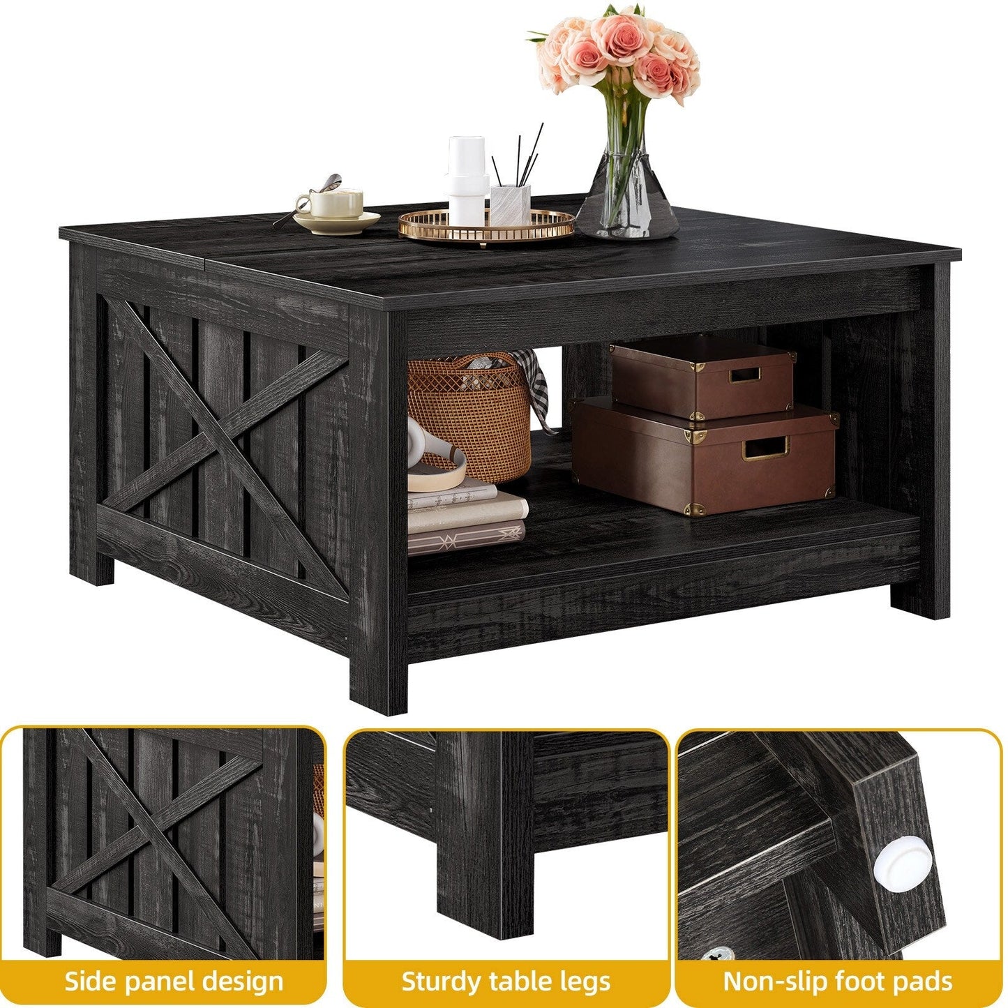 Moasis Farmhouse Coffee Table with Storage for Living Room Square Center Table