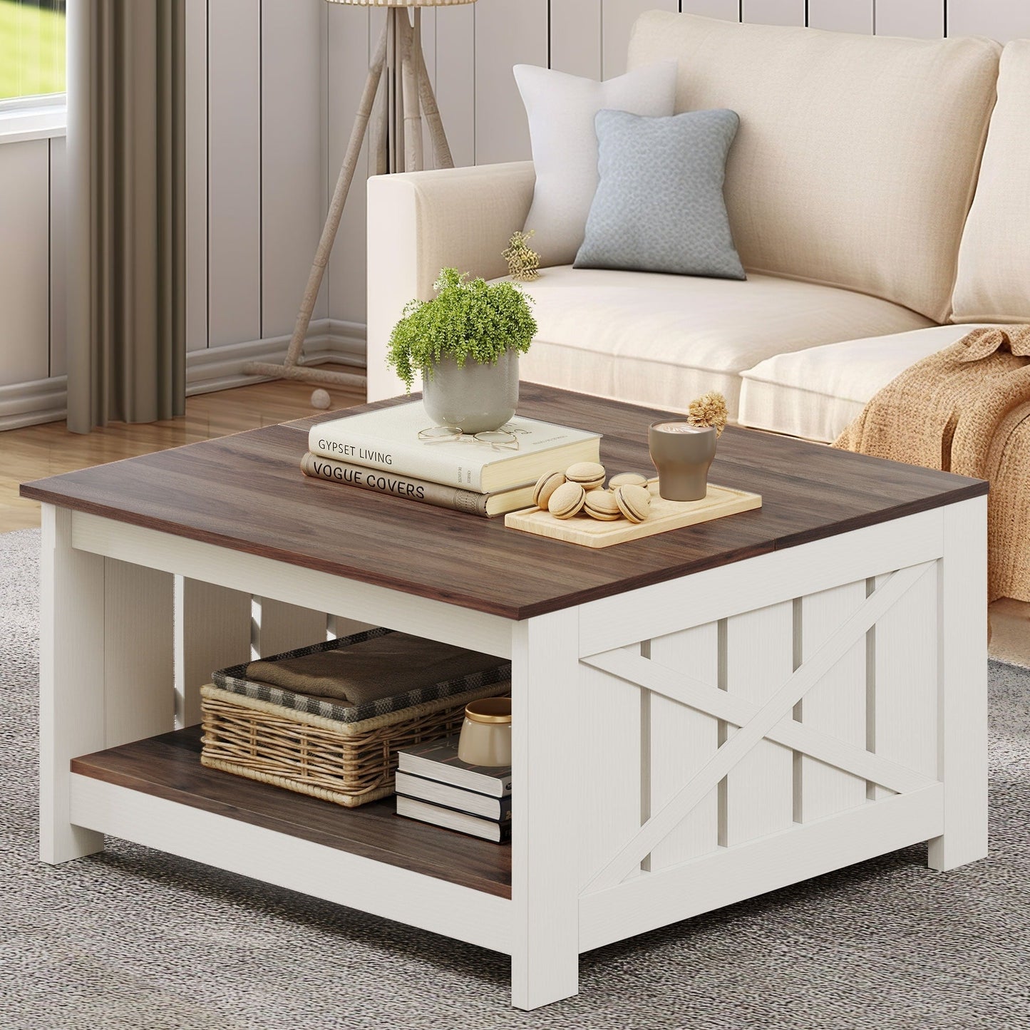 Moasis Farmhouse Coffee Table with Storage for Living Room Square Center Table