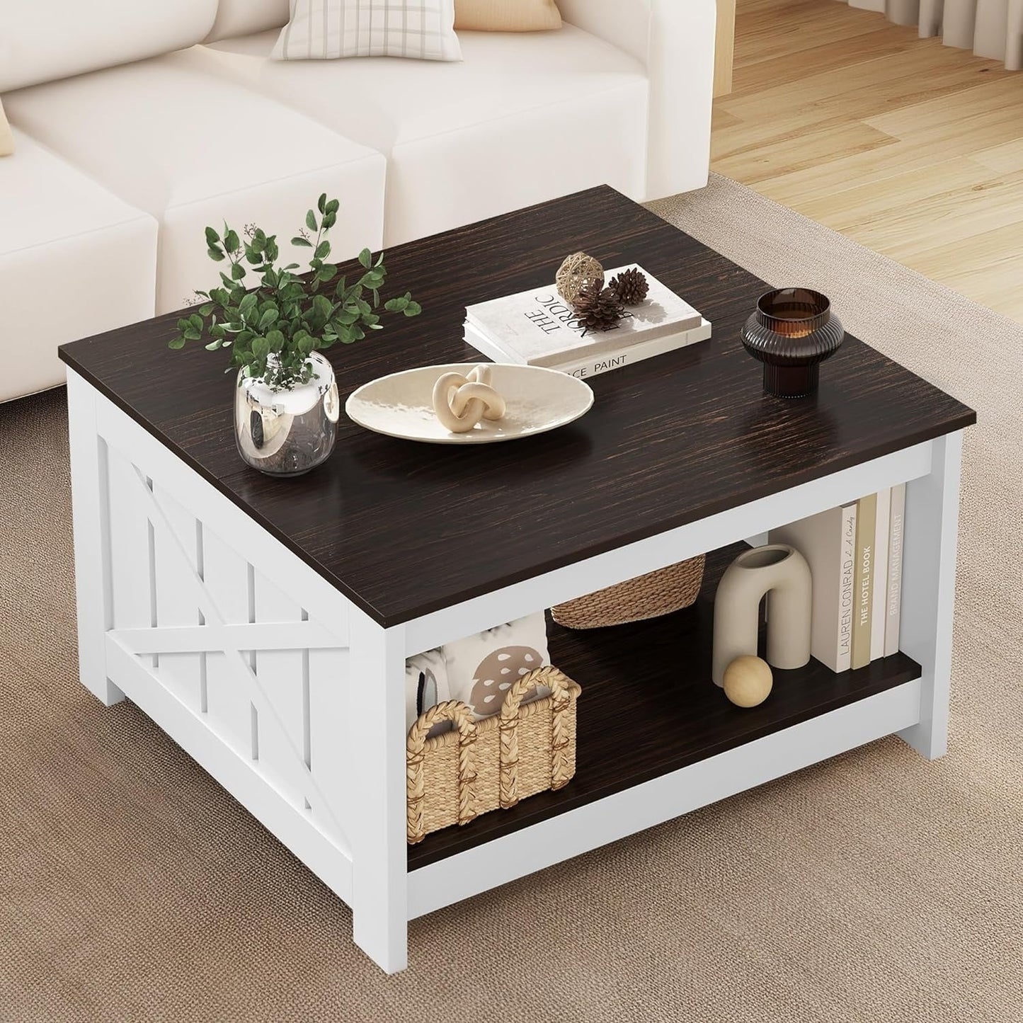 Moasis Farmhouse Coffee Table with Storage for Living Room Square Center Table