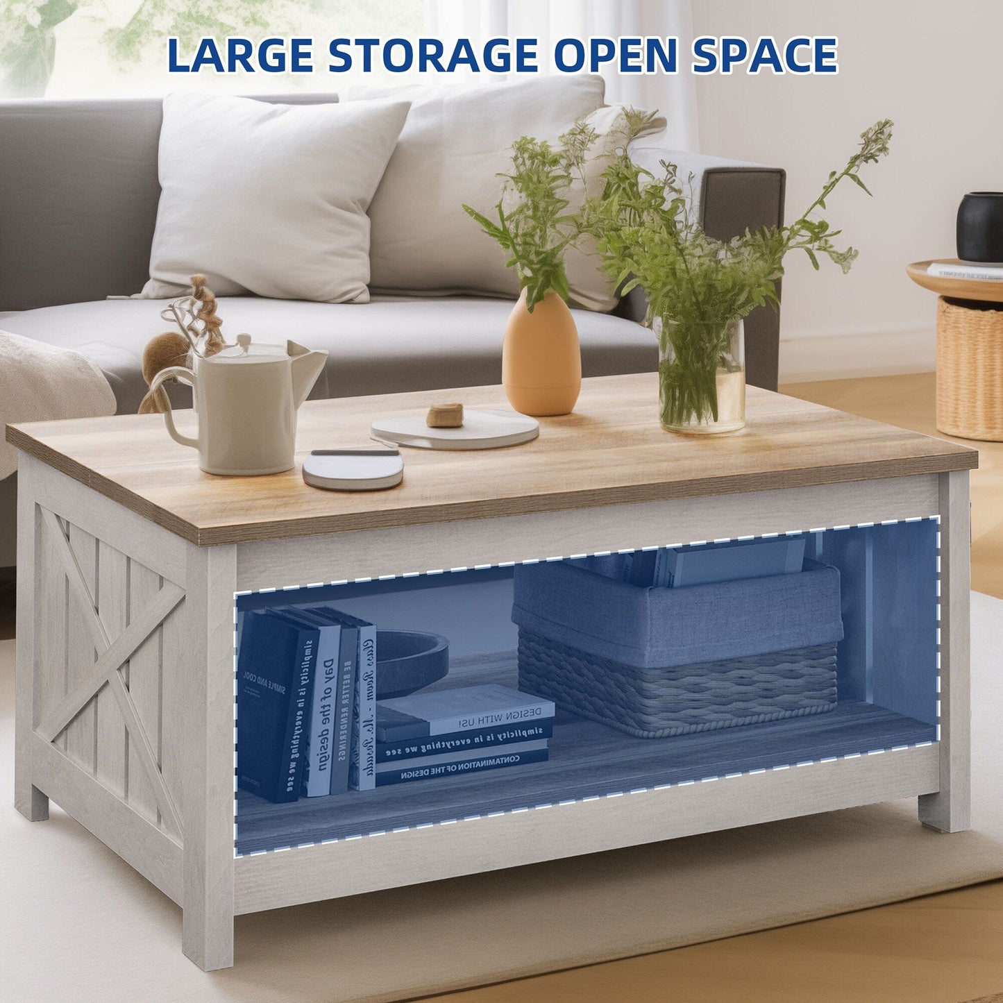 Moasis Farmhouse Coffee Table with Storage for Living Room Square Center Table