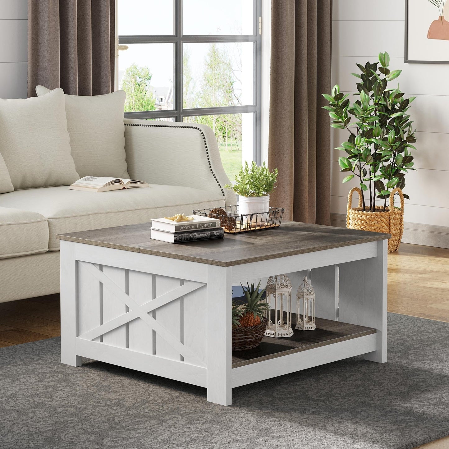 Moasis Farmhouse Coffee Table with Storage for Living Room Square Center Table
