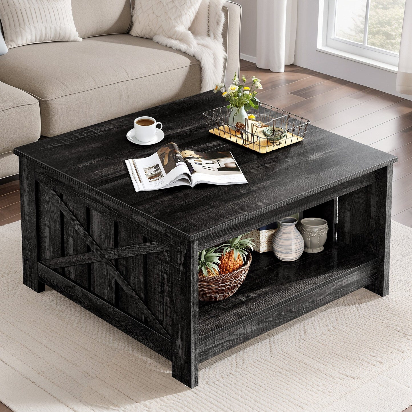 Moasis Farmhouse Coffee Table with Storage for Living Room Square Center Table