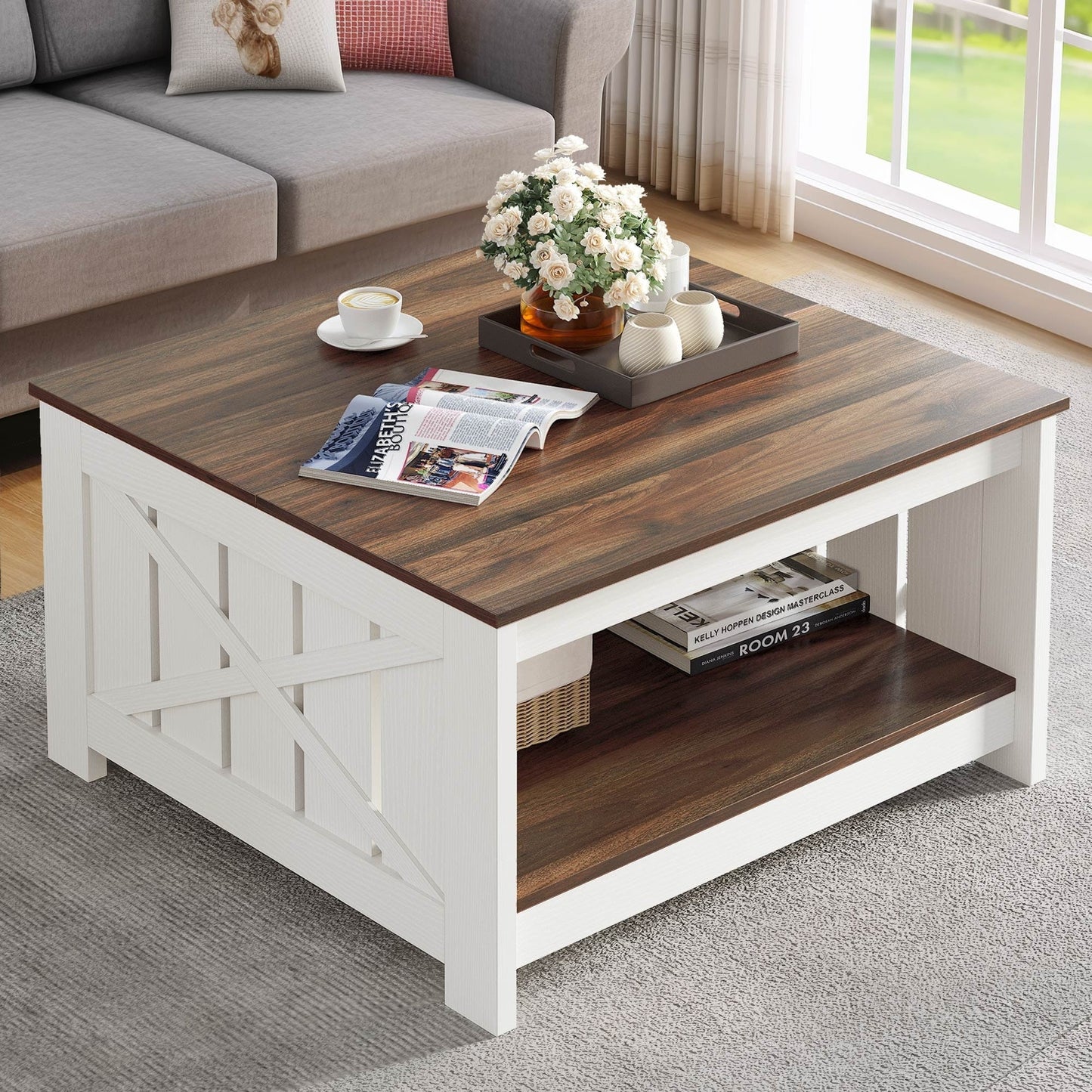 Moasis Farmhouse Coffee Table with Storage for Living Room Square Center Table