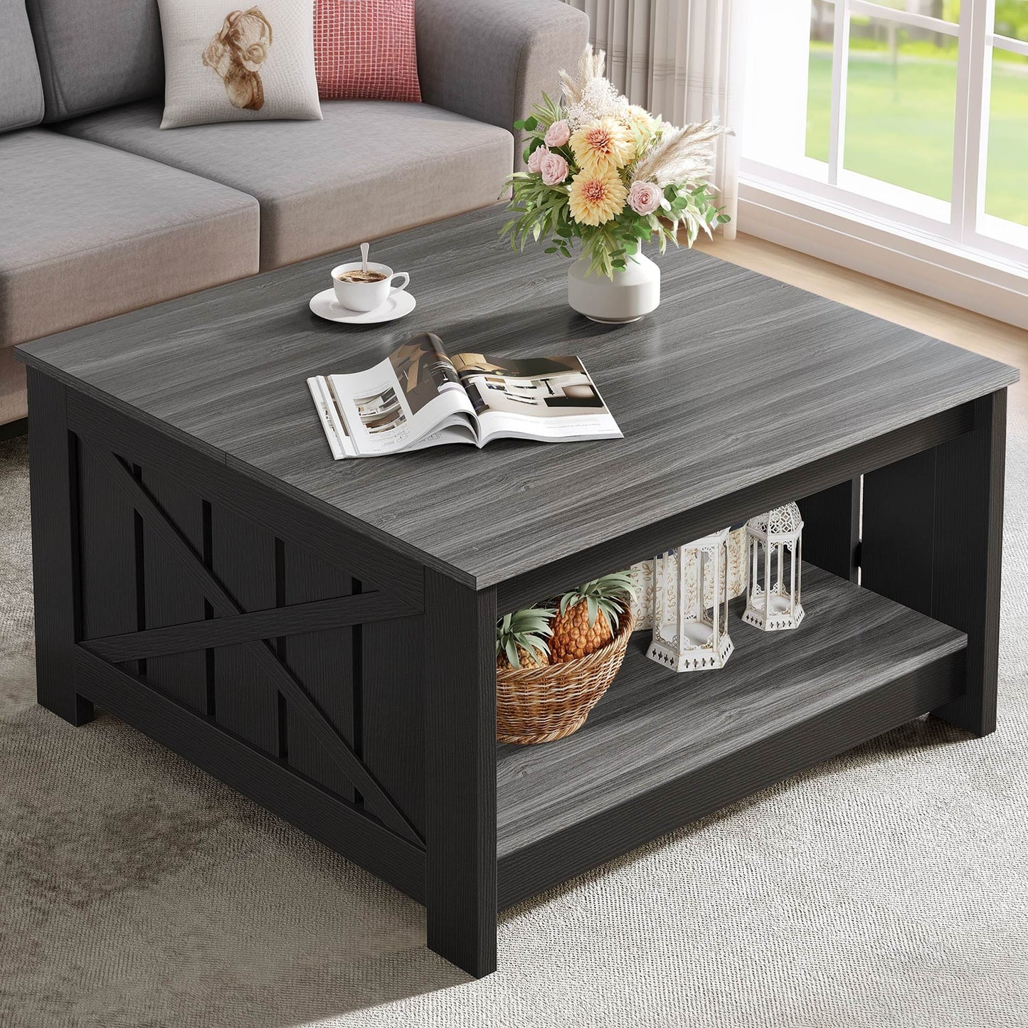 Moasis Farmhouse Coffee Table with Storage for Living Room Square Center Table