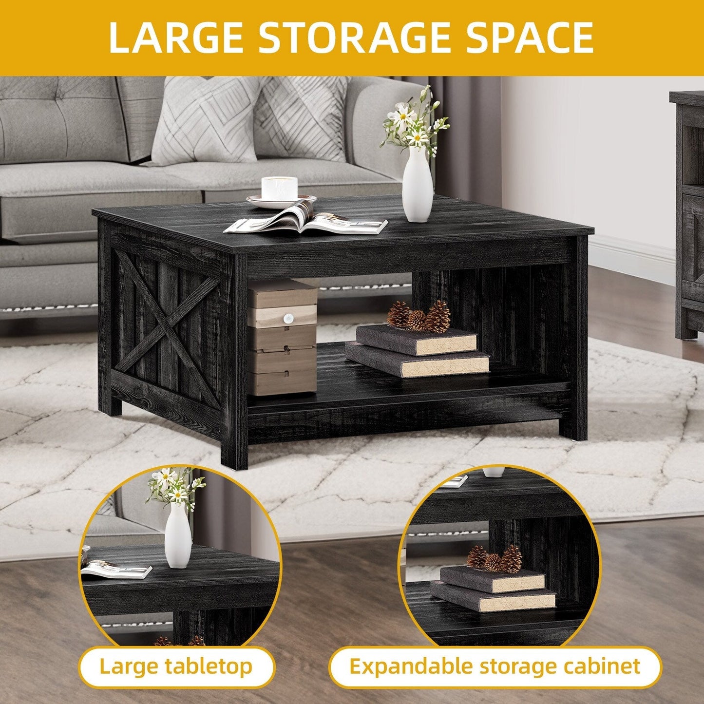 Moasis Farmhouse Coffee Table with Storage for Living Room Square Center Table