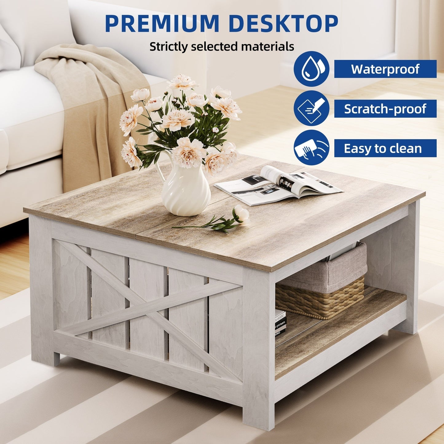 Moasis Farmhouse Coffee Table with Storage for Living Room Square Center Table