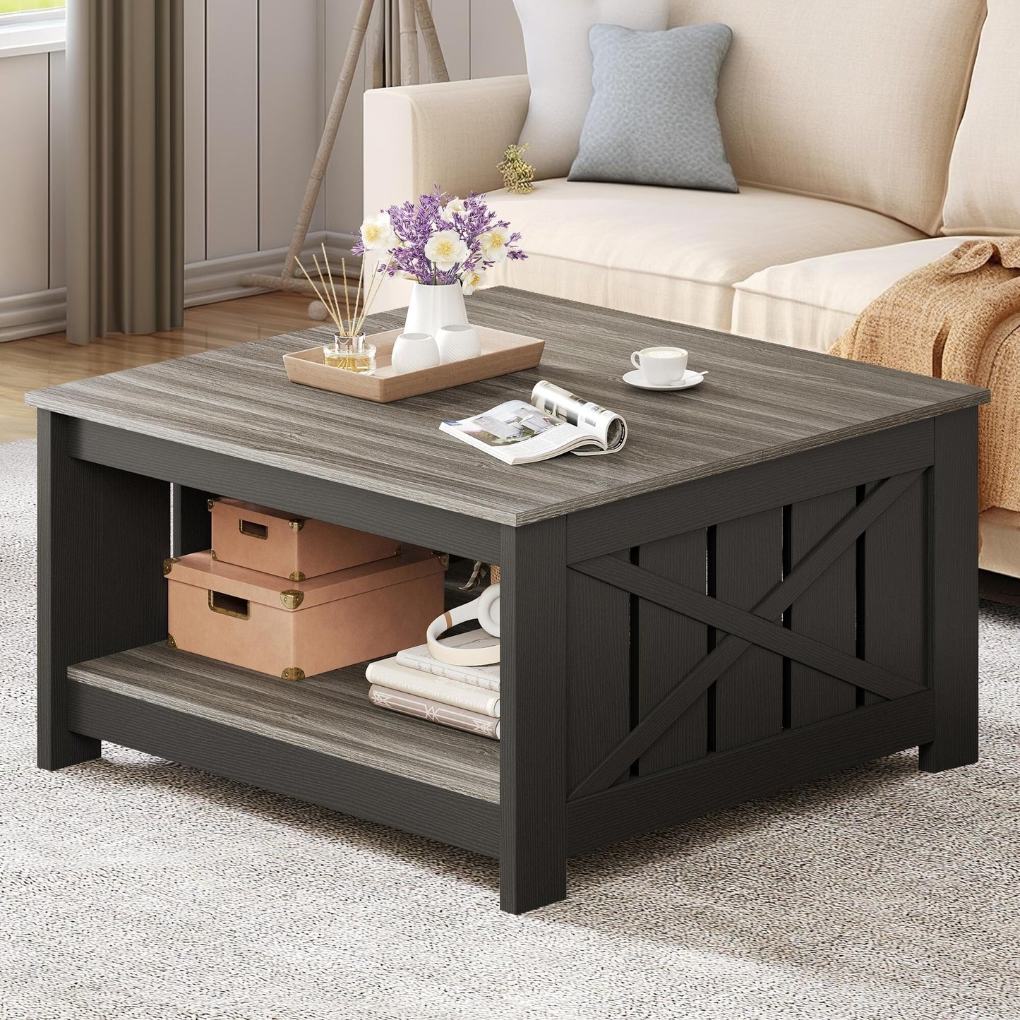 Moasis Farmhouse Coffee Table with Storage for Living Room Square Center Table