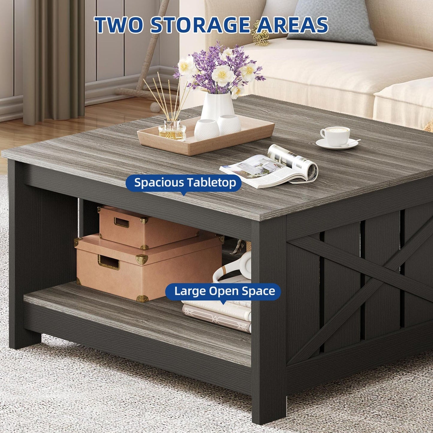 Moasis Farmhouse Coffee Table with Storage for Living Room Square Center Table