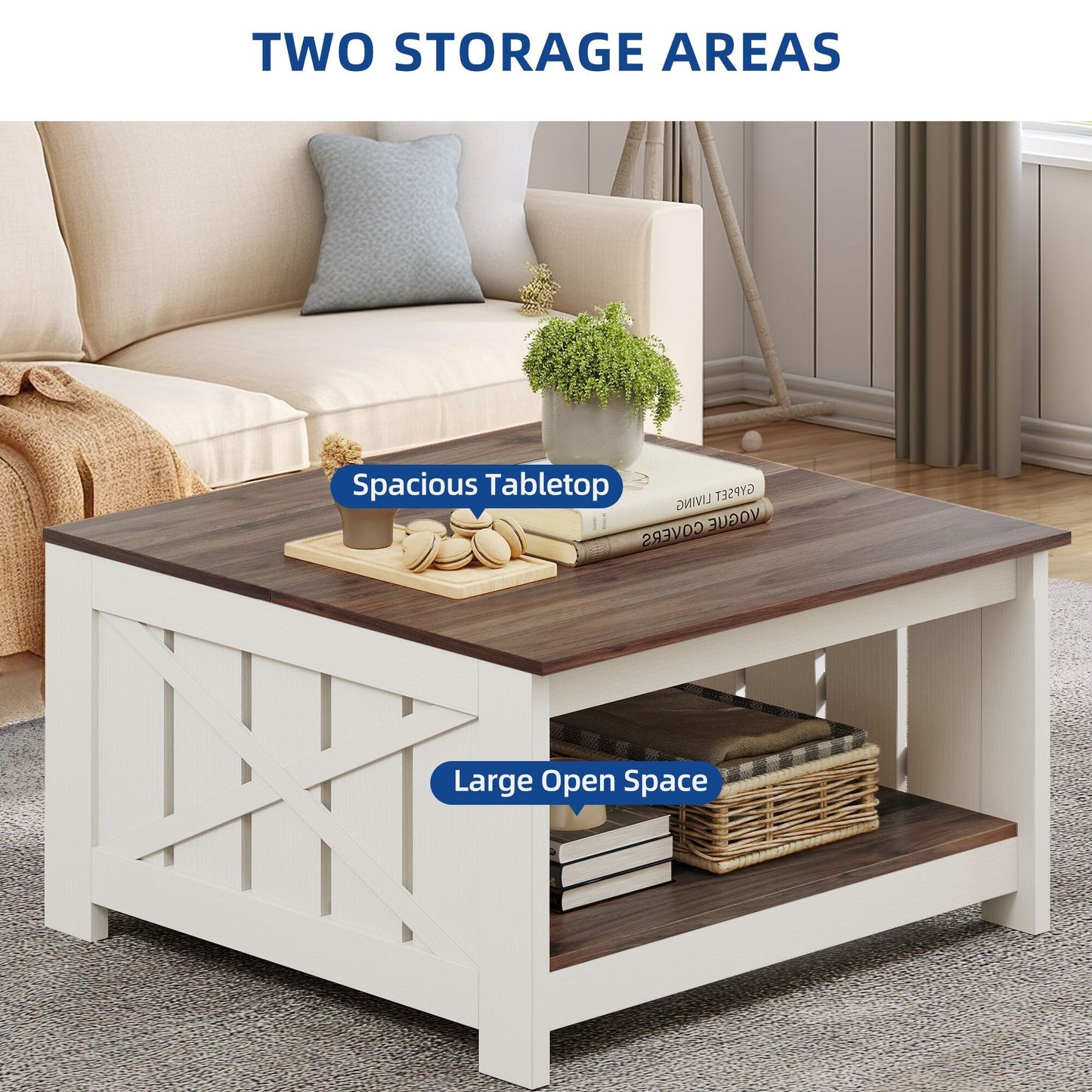 Moasis Farmhouse Coffee Table with Storage for Living Room Square Center Table