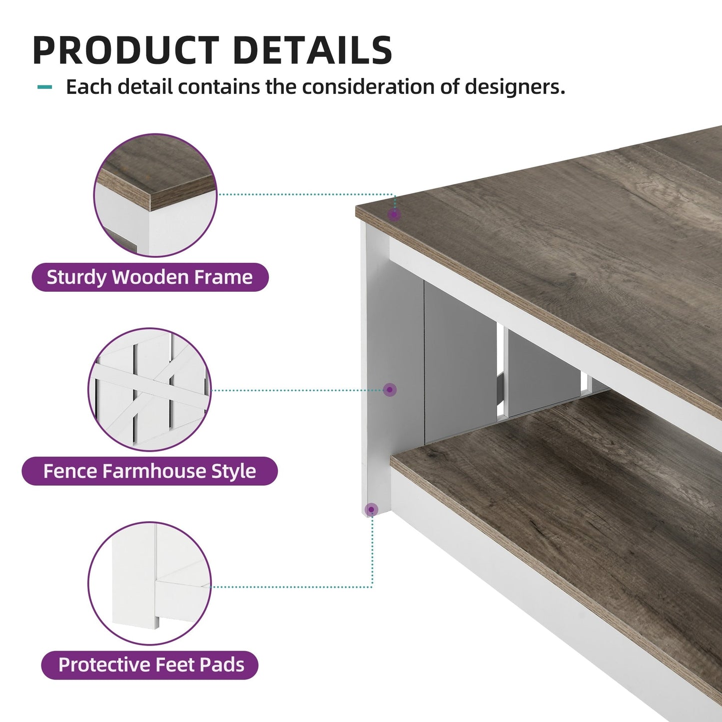 Moasis Farmhouse Coffee Table with Storage for Living Room Square Center Table