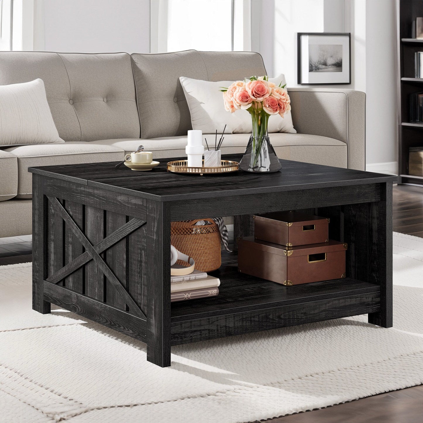 Moasis Farmhouse Coffee Table with Storage for Living Room Square Center Table