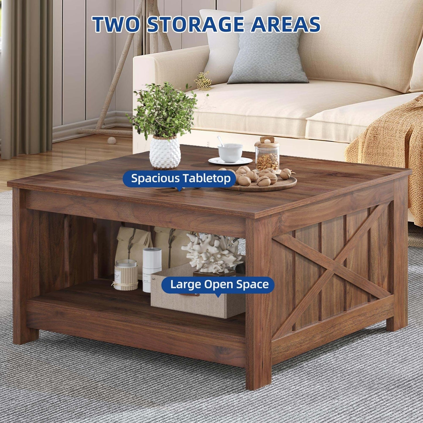 Moasis Farmhouse Coffee Table with Storage for Living Room Square Center Table