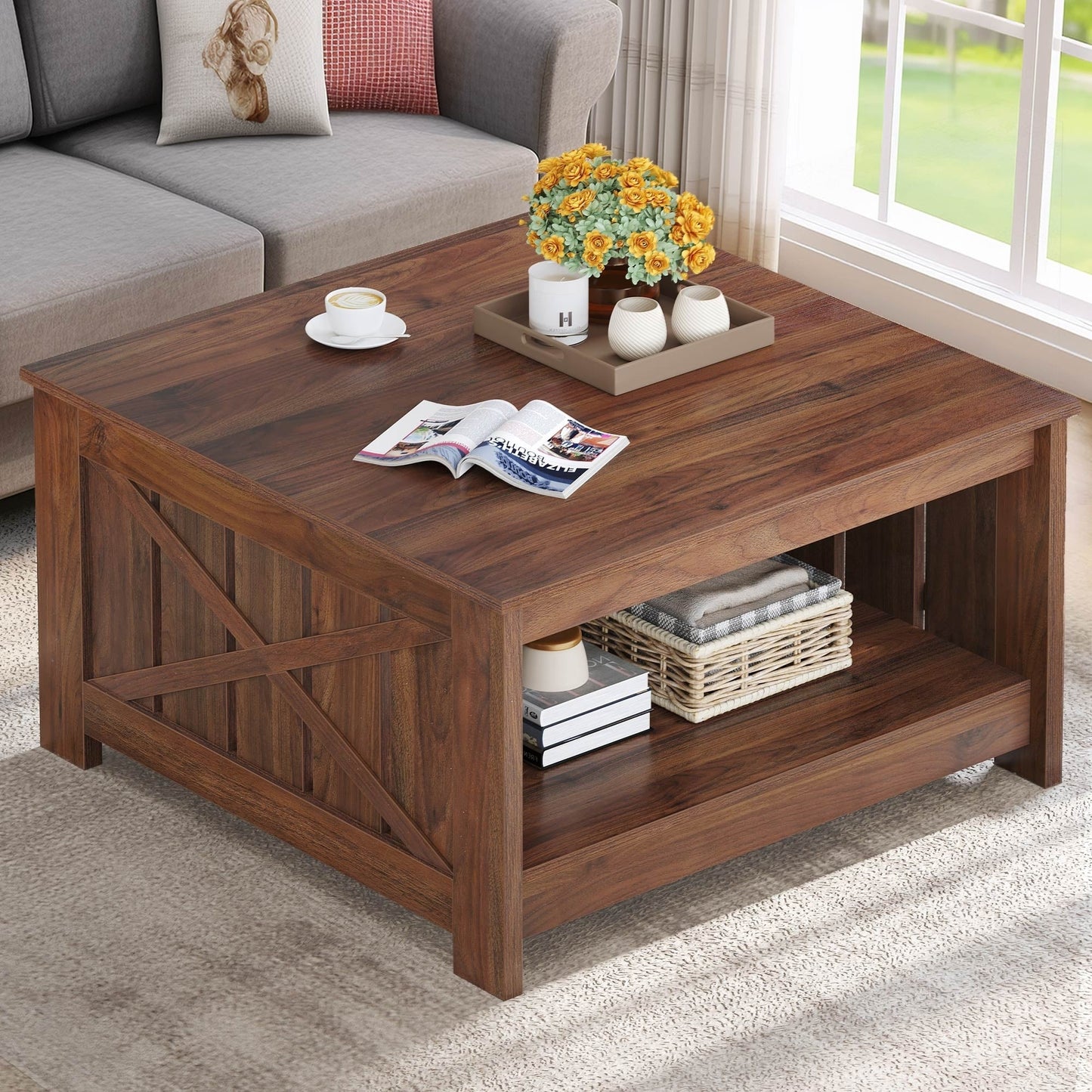 Moasis Farmhouse Coffee Table with Storage for Living Room Square Center Table