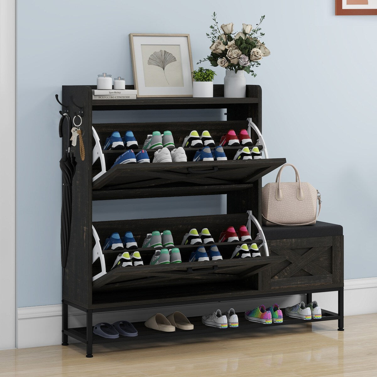 Moasis Farmhouse Shoe Storage Cabinet with 2 Flip Drawers for 16 Pairs Entryway Shoe Storage with Shoe Bench