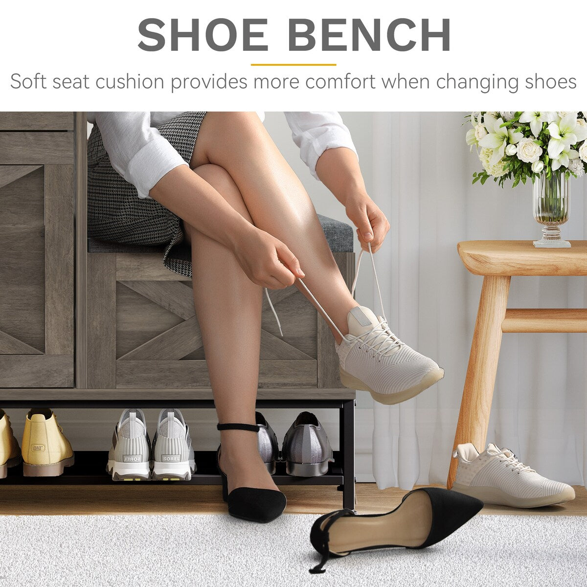 Moasis Farmhouse Shoe Storage Cabinet with 2 Flip Drawers for 16 Pairs Entryway Shoe Storage with Shoe Bench