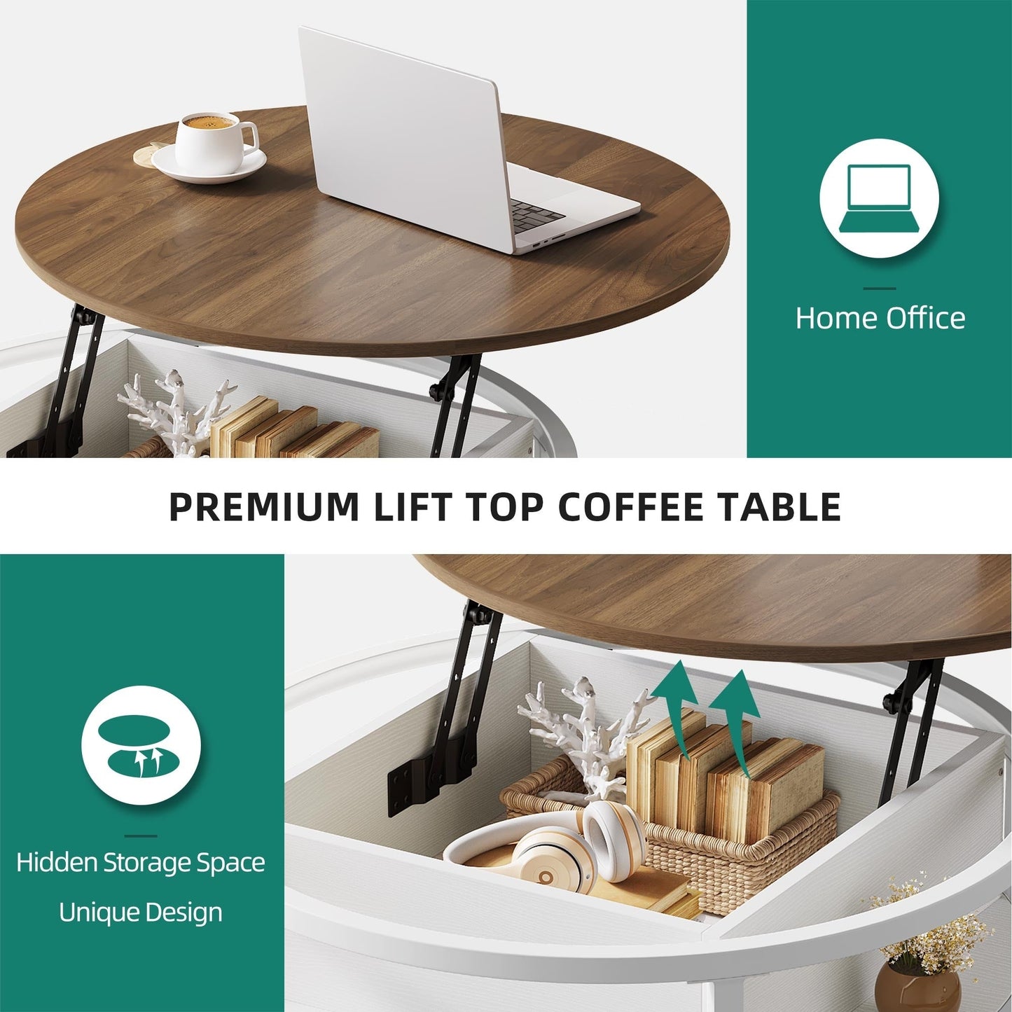 Moasis Round Lift Top Coffee Table with Hidden Storage