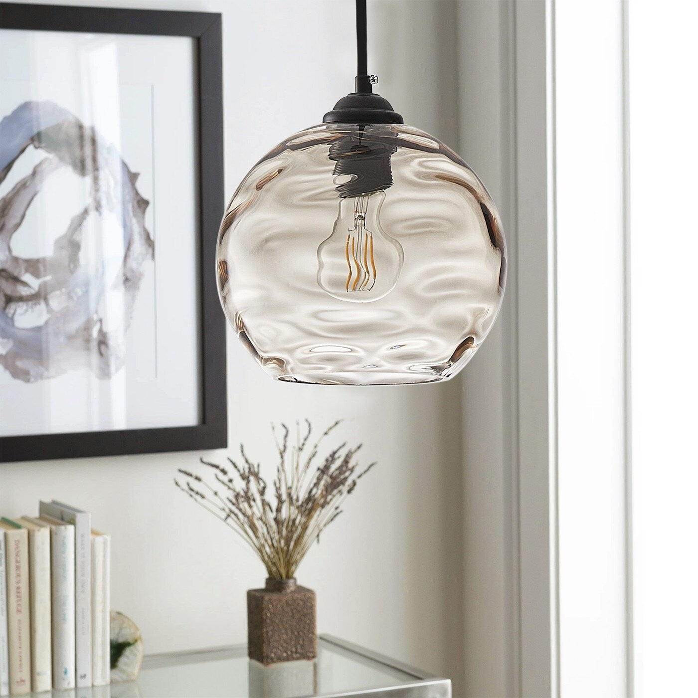 Modern Black 1-Light Clear Water Ripple Glass Shade Hanging Lamp