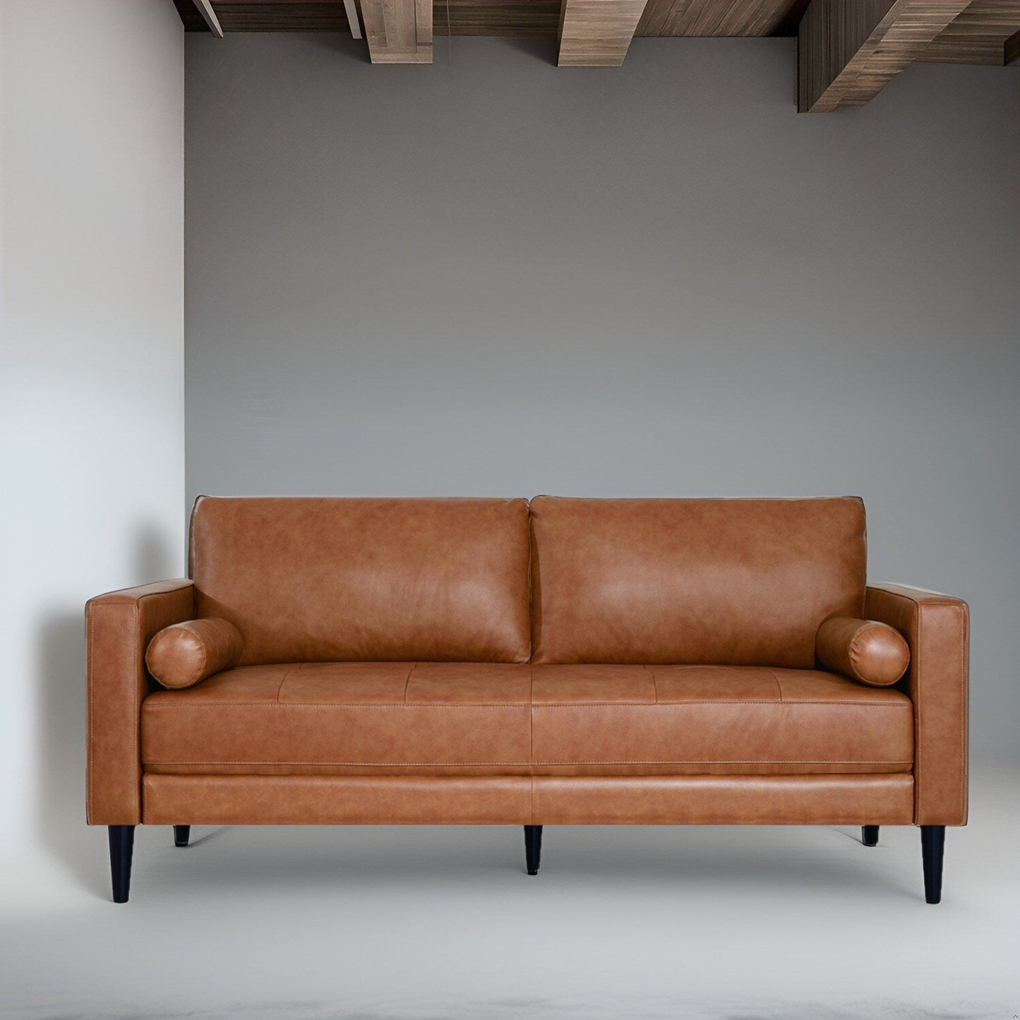 Canapé moderne en cuir véritable avec pieds en bois et coussin traversin supplémentaire