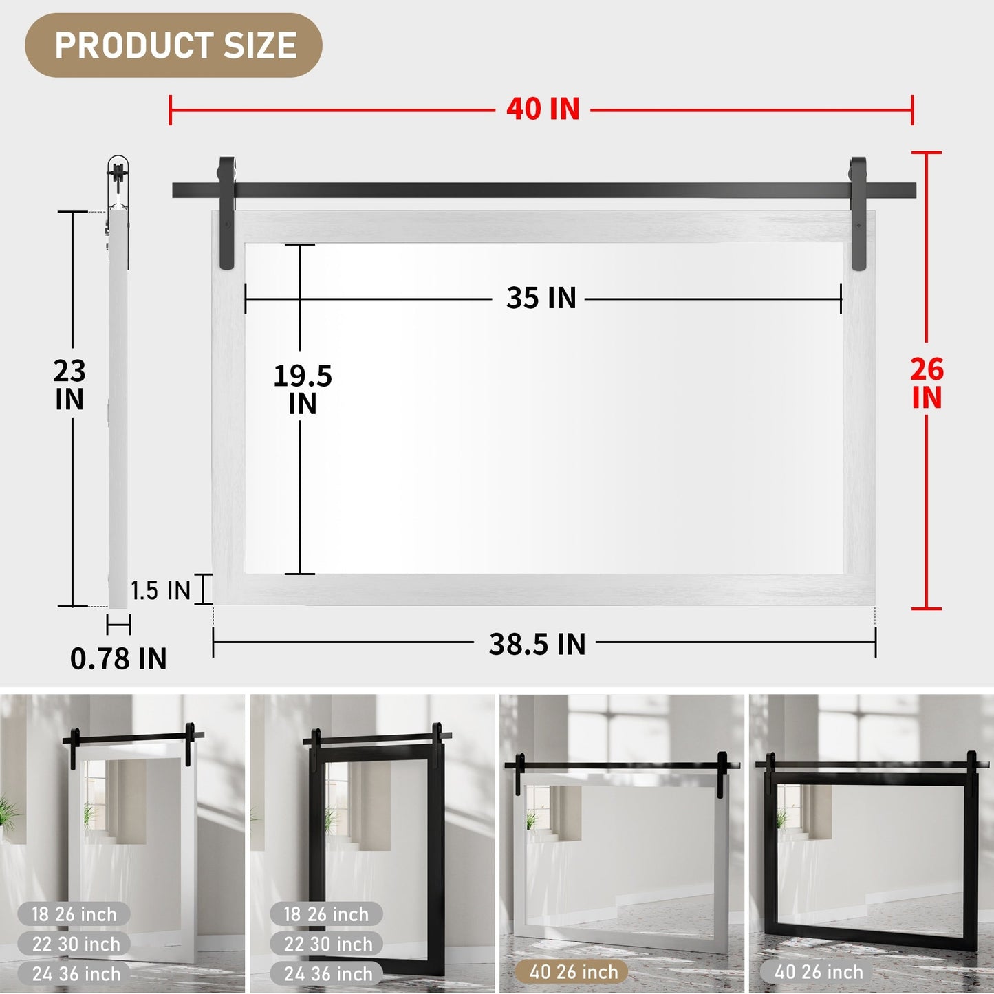 Modern Wall Mirrors, Rectangular Mirror with Wood Framed, Bathroom Mirror Barn Mirror Barn Door Mirror with Multi Size