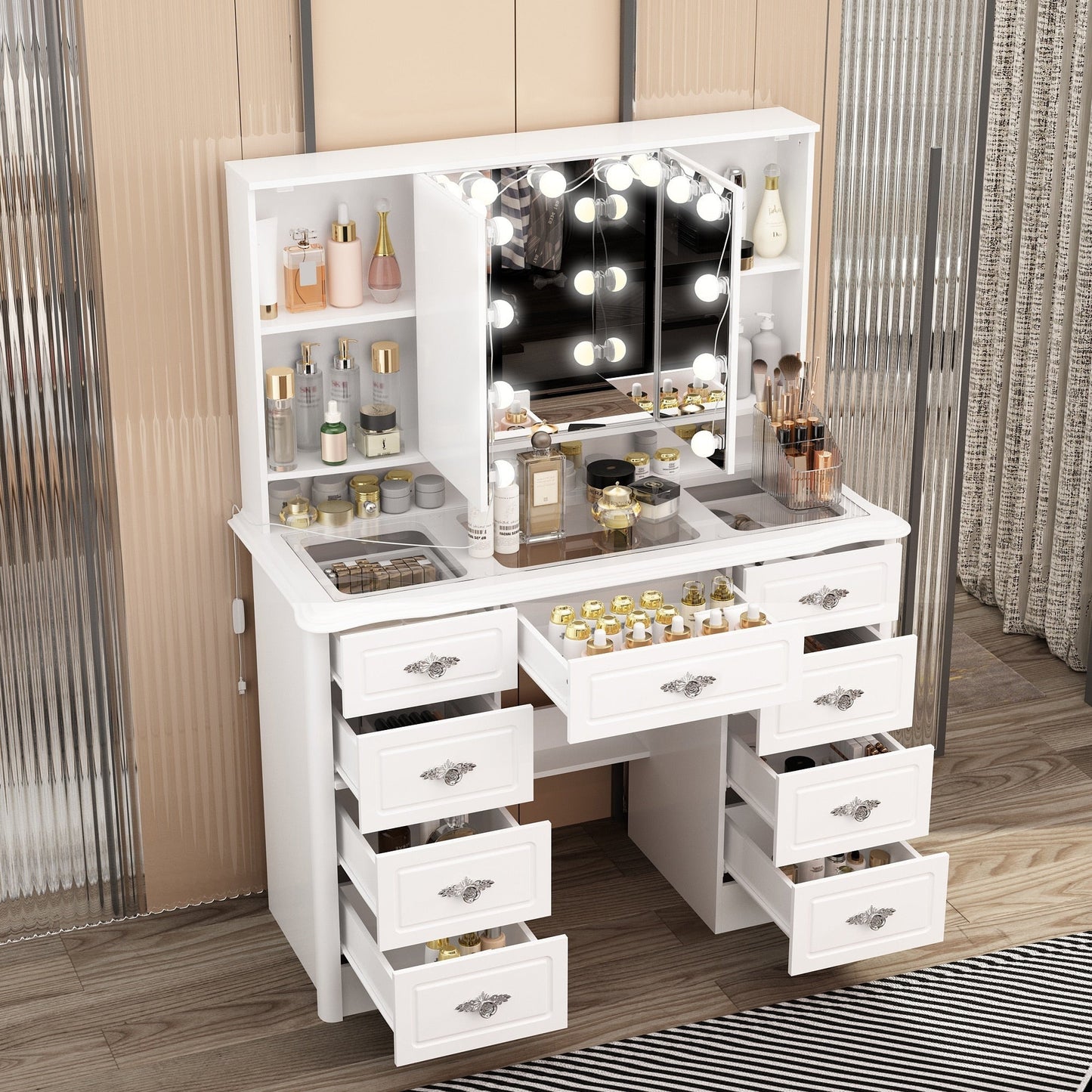 Modern White Makeup Vanity Fold Mirror Adjustable Lighting Dressing - 40.2x54.1