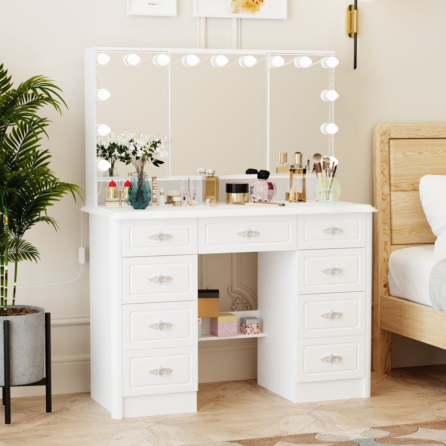 Modern White Makeup Vanity Fold Mirror Adjustable Lighting Dressing - 40.2x54.1