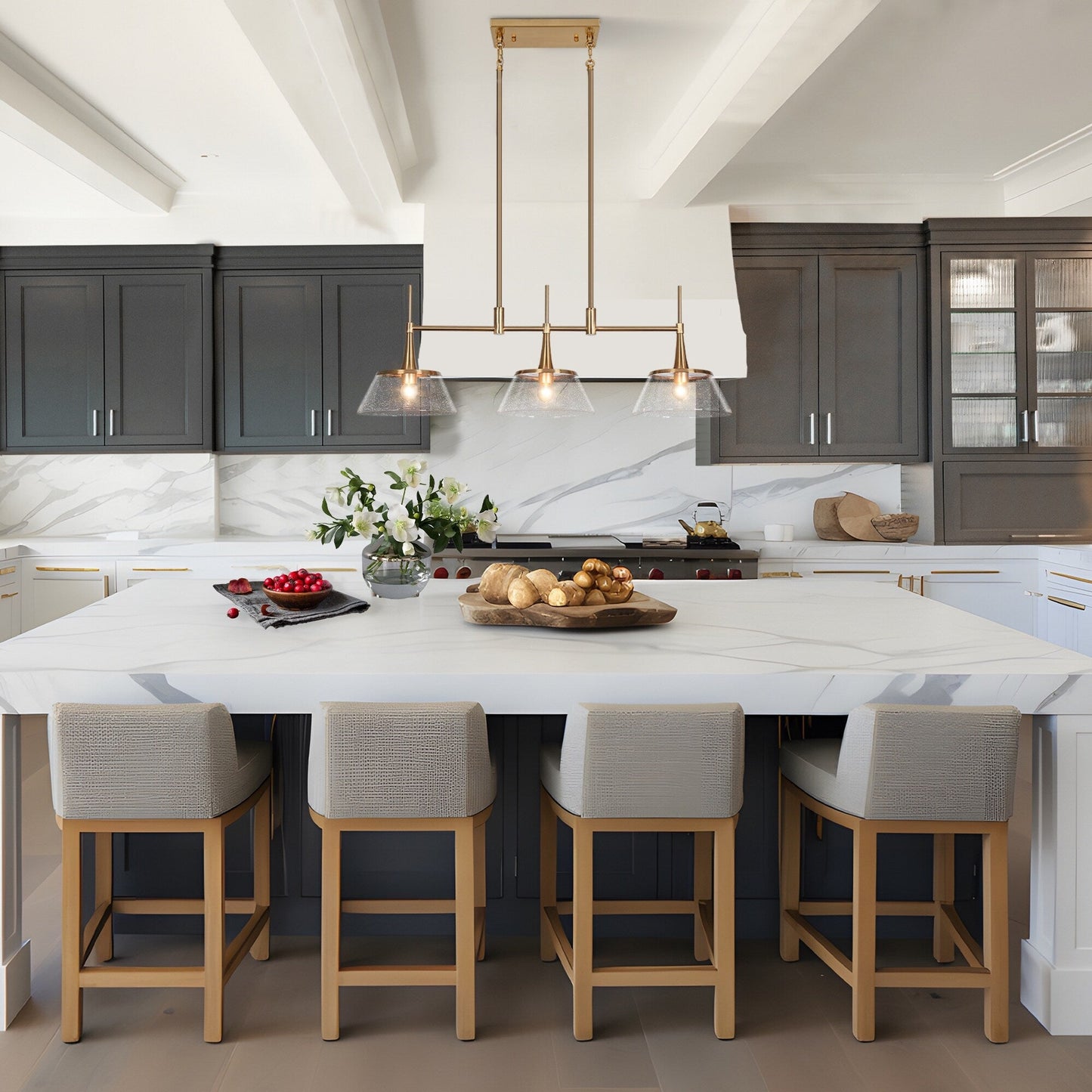 Mola Modern Gold 3-Light Seeded Glass Chandelier Linear Island Pendant Light for Dining Room
