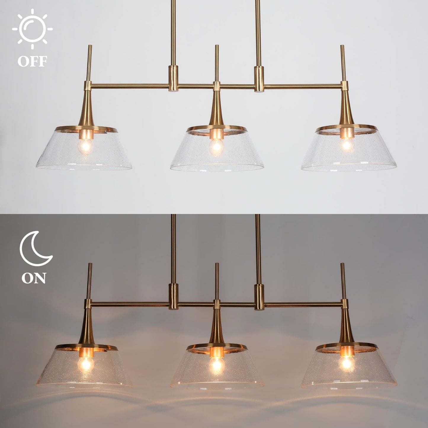 Mola Modern Gold 3-Light Seeded Glass Chandelier Linear Island Pendant Light for Dining Room