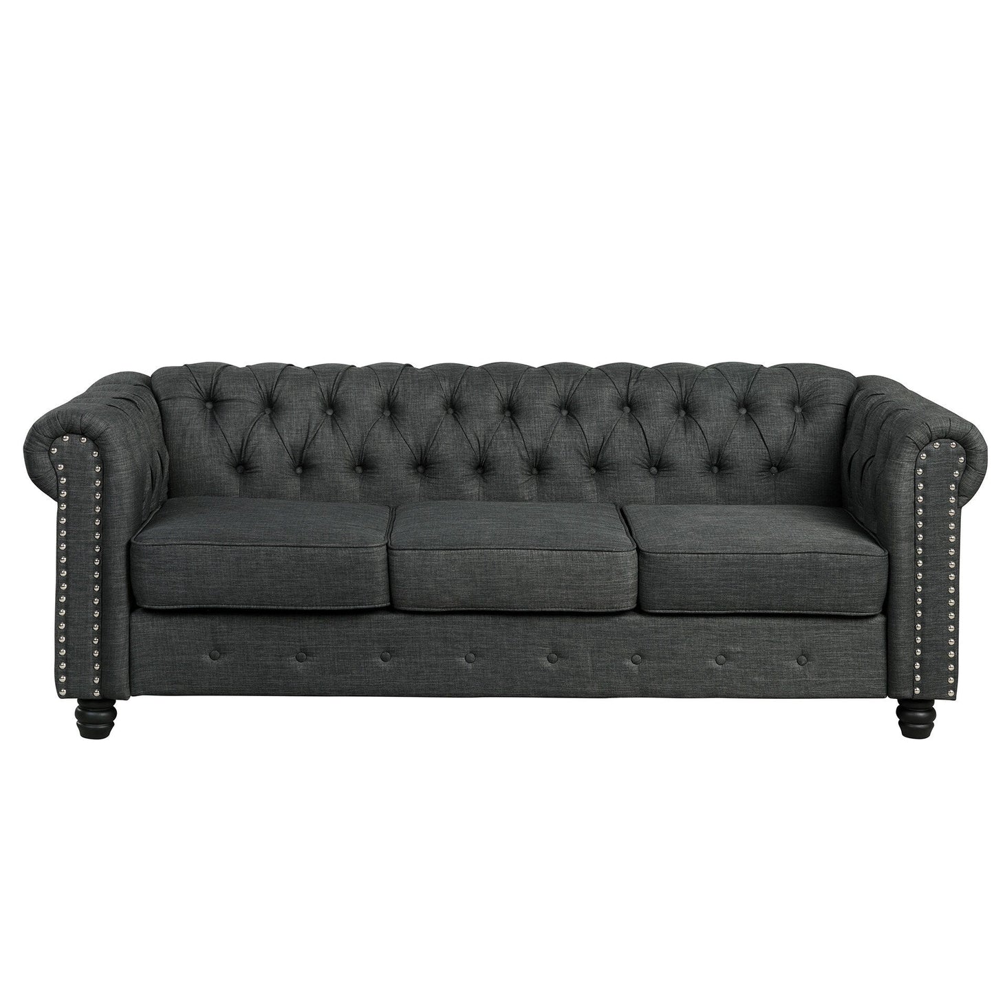 Canapé Chesterfield en lin Morden Fort avec capitonnage à boutons, clous et pieds en bois massif pour le salon