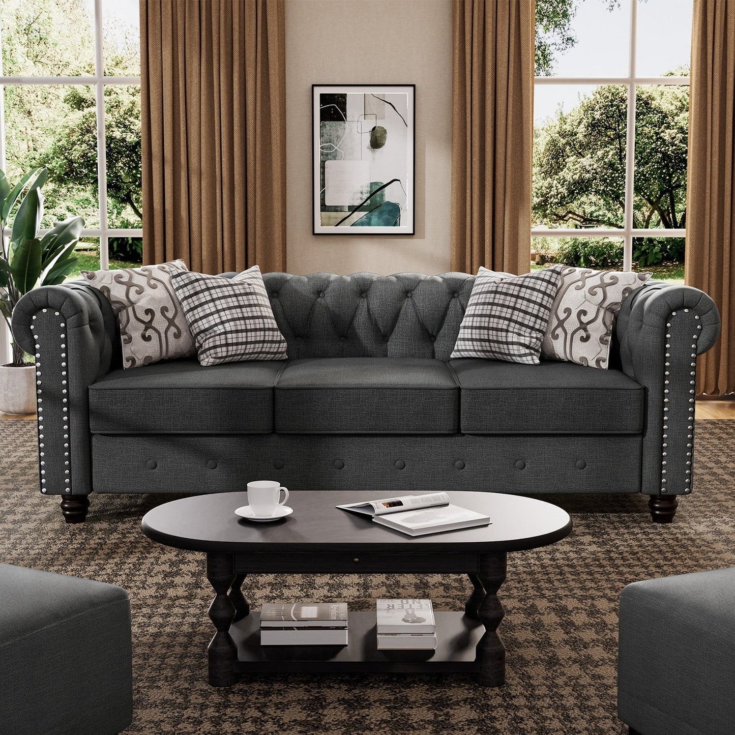 Canapé Chesterfield en lin Morden Fort avec capitonnage à boutons, clous et pieds en bois massif pour le salon
