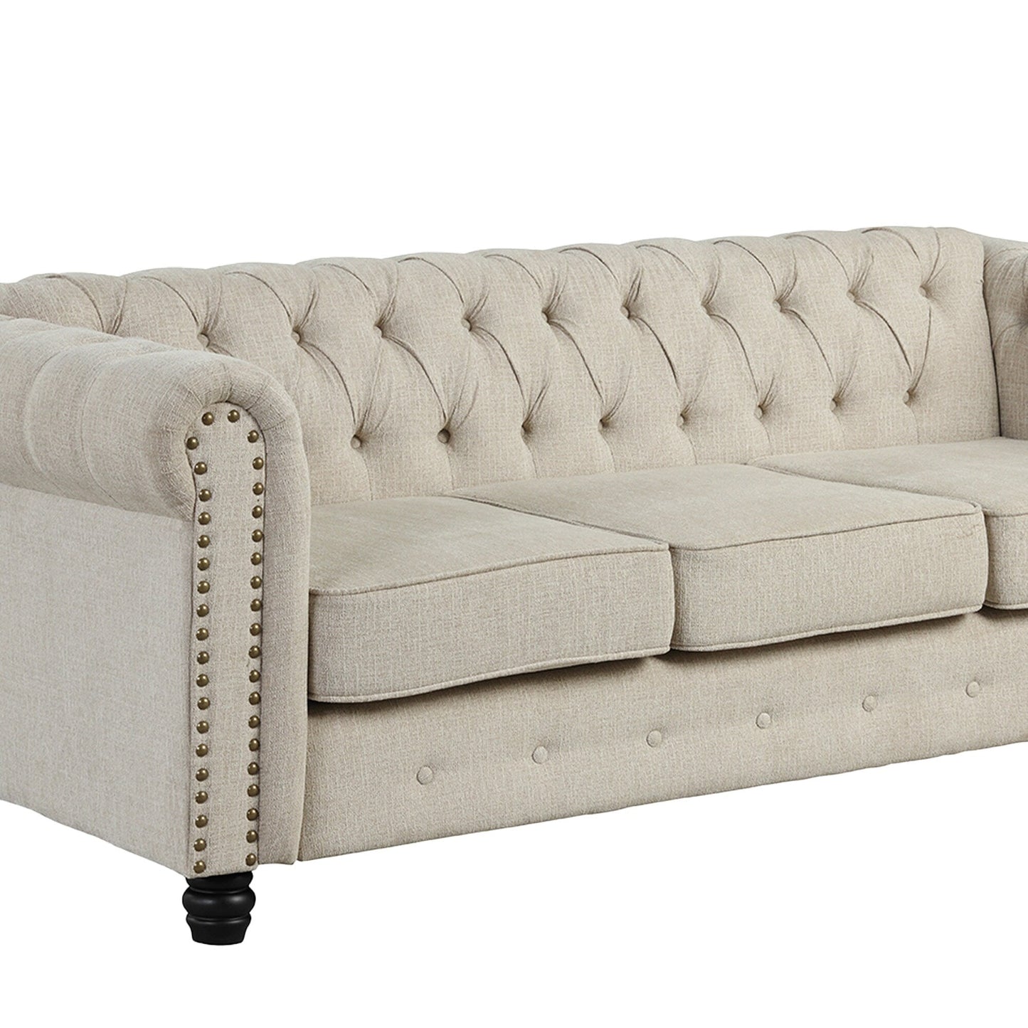 Canapé Chesterfield en lin Morden Fort avec capitonnage à boutons, clous et pieds en bois massif pour le salon