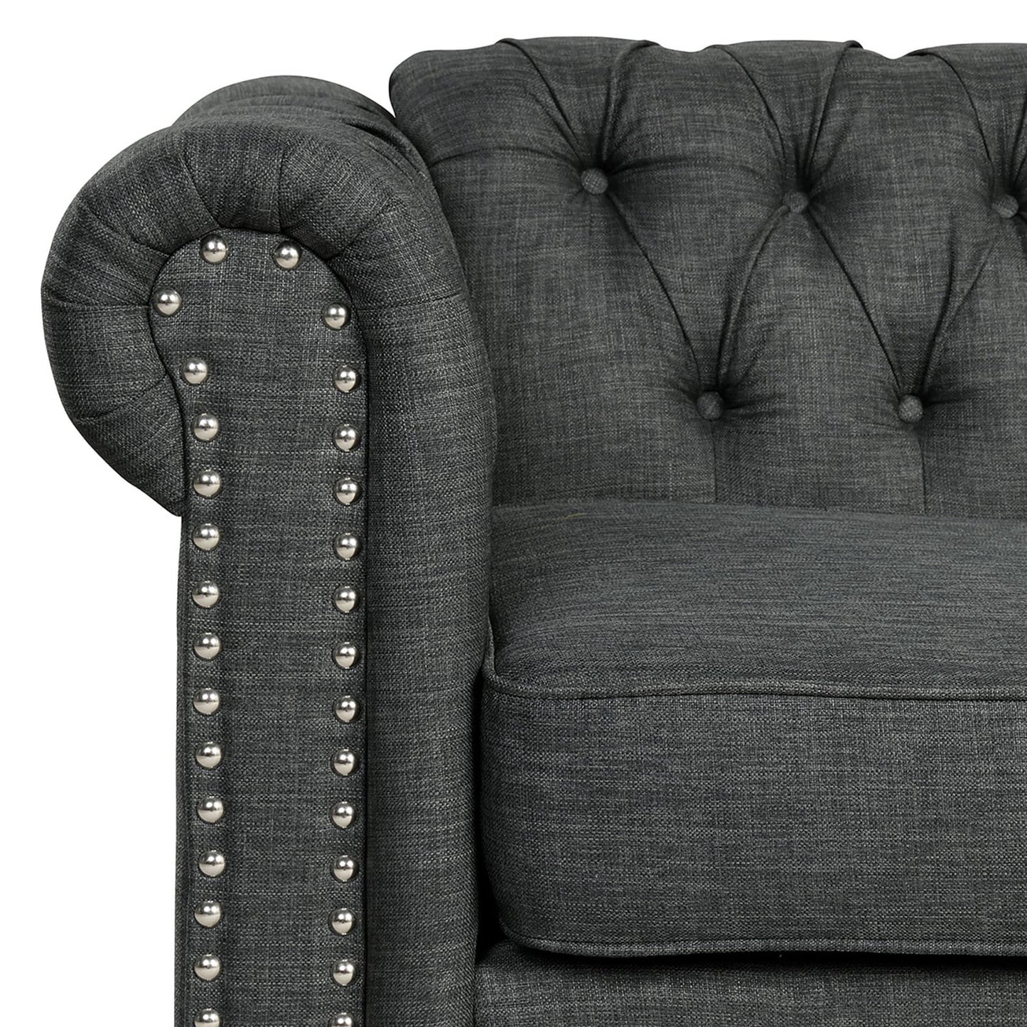 Canapé Chesterfield en lin Morden Fort avec capitonnage à boutons, clous et pieds en bois massif pour le salon