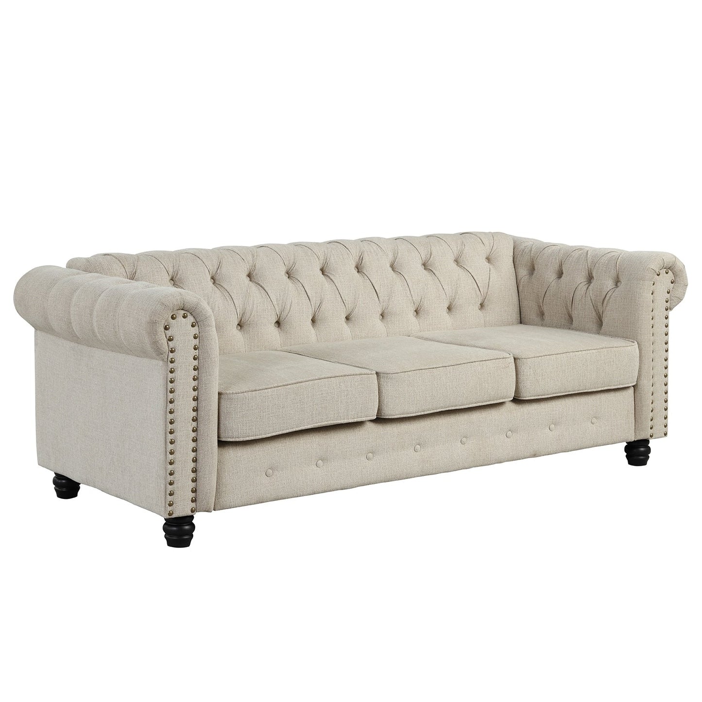 Canapé Chesterfield en lin Morden Fort avec capitonnage à boutons, clous et pieds en bois massif pour le salon