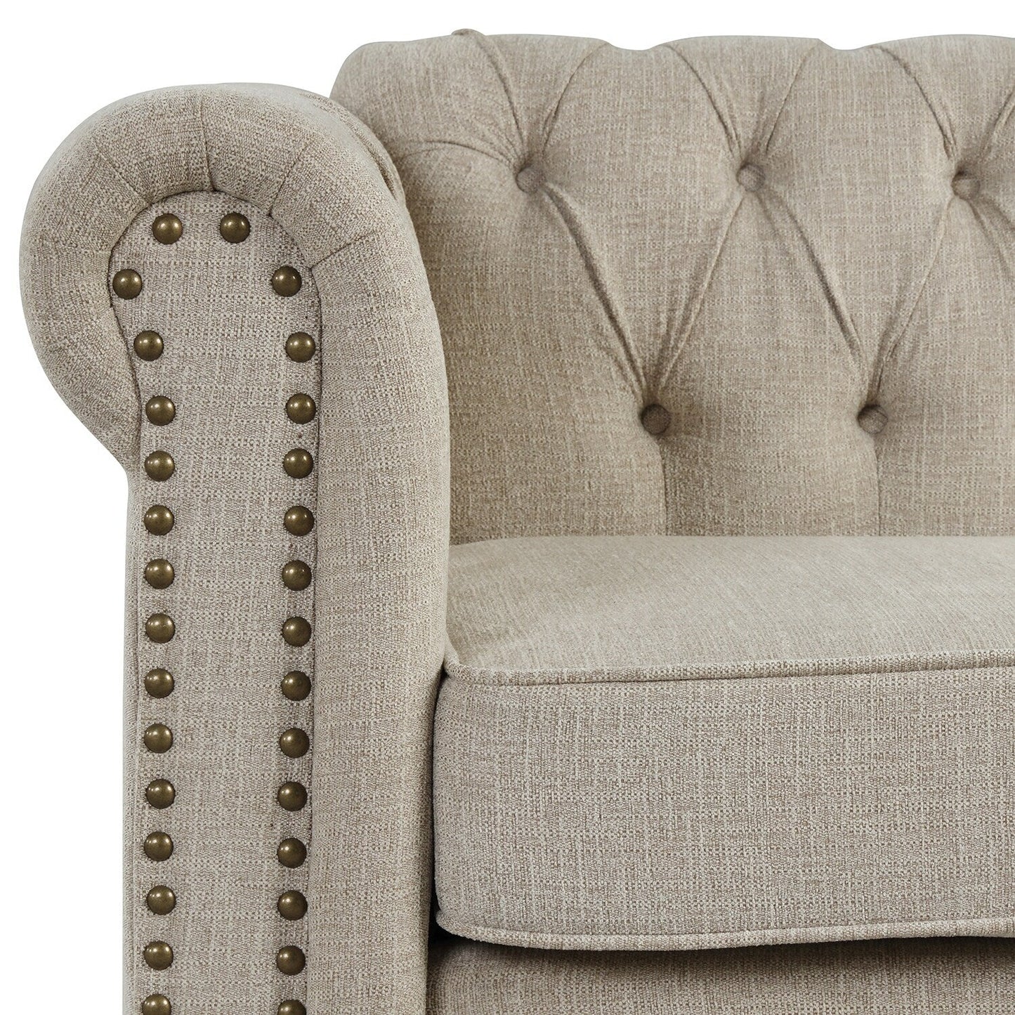 Canapé Chesterfield en lin Morden Fort avec capitonnage à boutons, clous et pieds en bois massif pour le salon