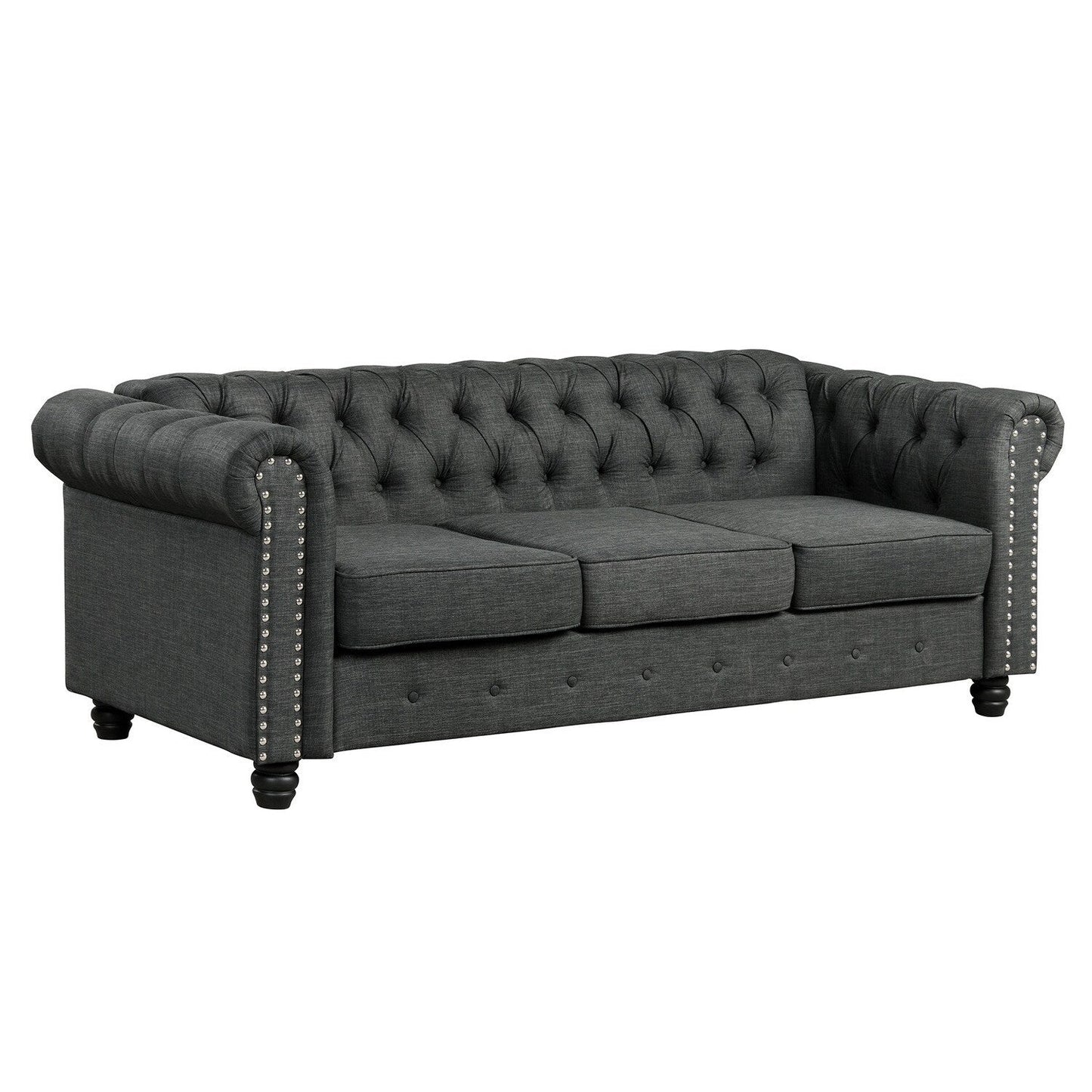 Canapé Chesterfield en lin Morden Fort avec capitonnage à boutons, clous et pieds en bois massif pour le salon