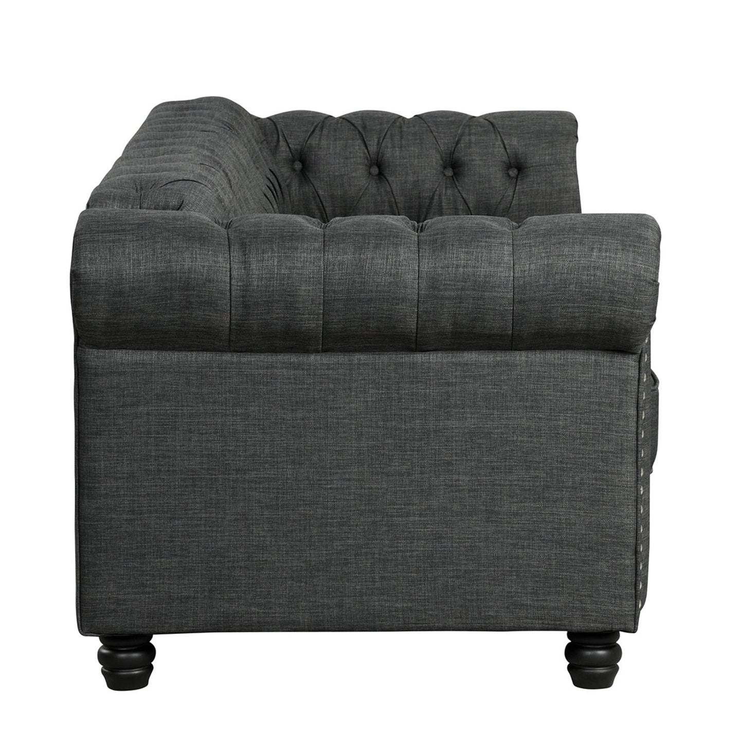 Canapé Chesterfield en lin Morden Fort avec capitonnage à boutons, clous et pieds en bois massif pour le salon