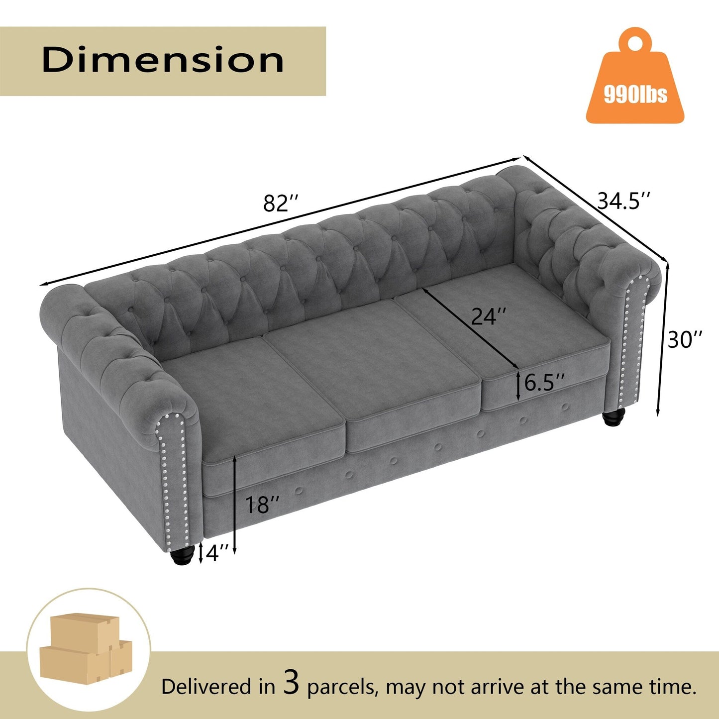 Canapé Chesterfield rembourré en velours Morden Fort avec tête de clou et pieds solides pour le salon