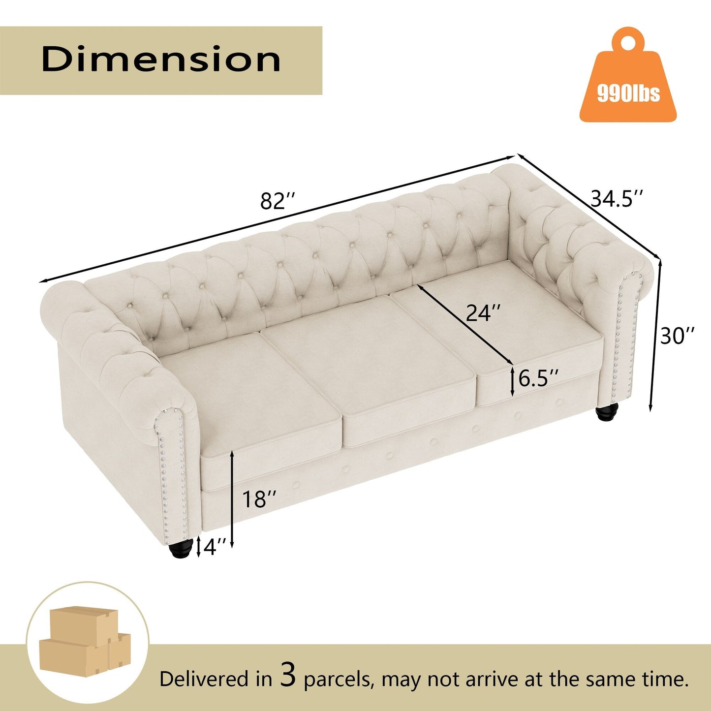 Canapé Chesterfield rembourré en velours Morden Fort avec tête de clou et pieds solides pour le salon
