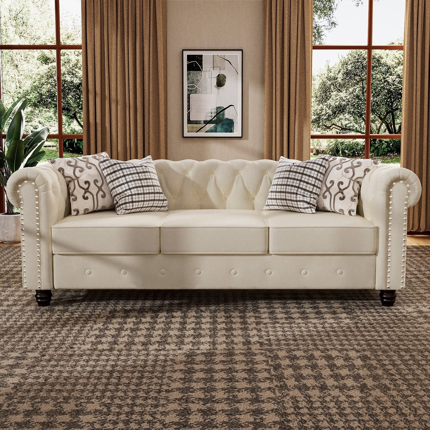 Canapé Chesterfield rembourré en velours Morden Fort avec tête de clou et pieds solides pour le salon