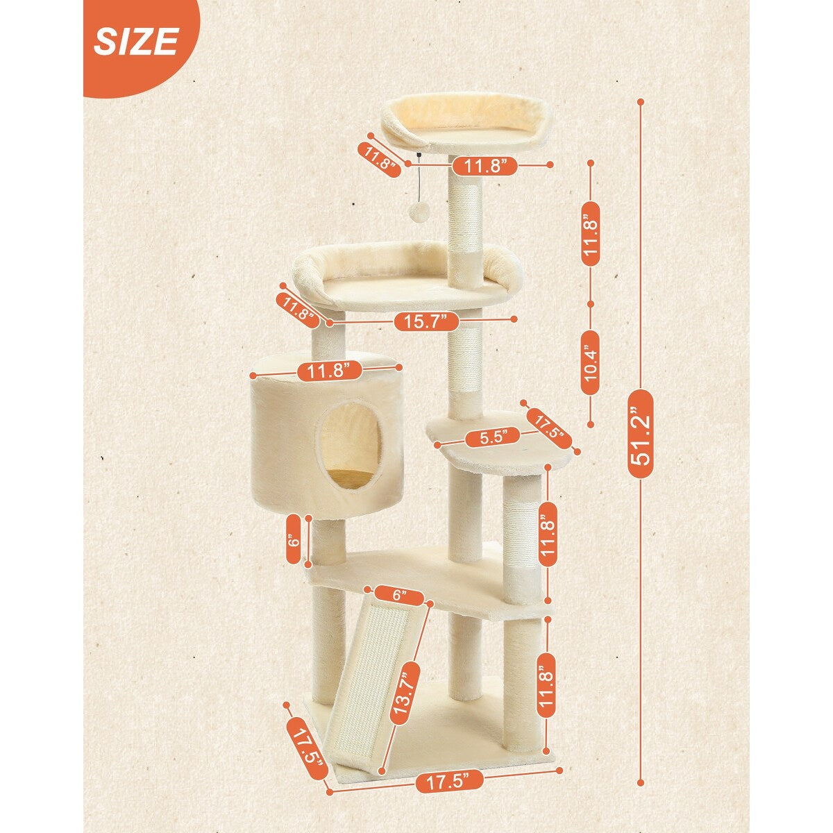 Multi-Level Cat Climbing Tower with Cat Condo, Cat Tree with Scratching Board