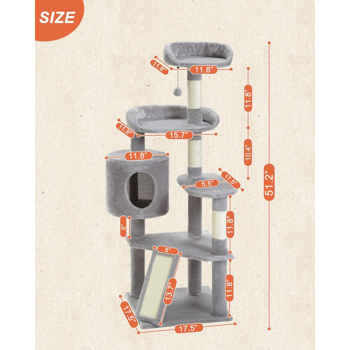 Multi-Level Cat Climbing Tower with Cat Condo, Cat Tree with Scratching Board