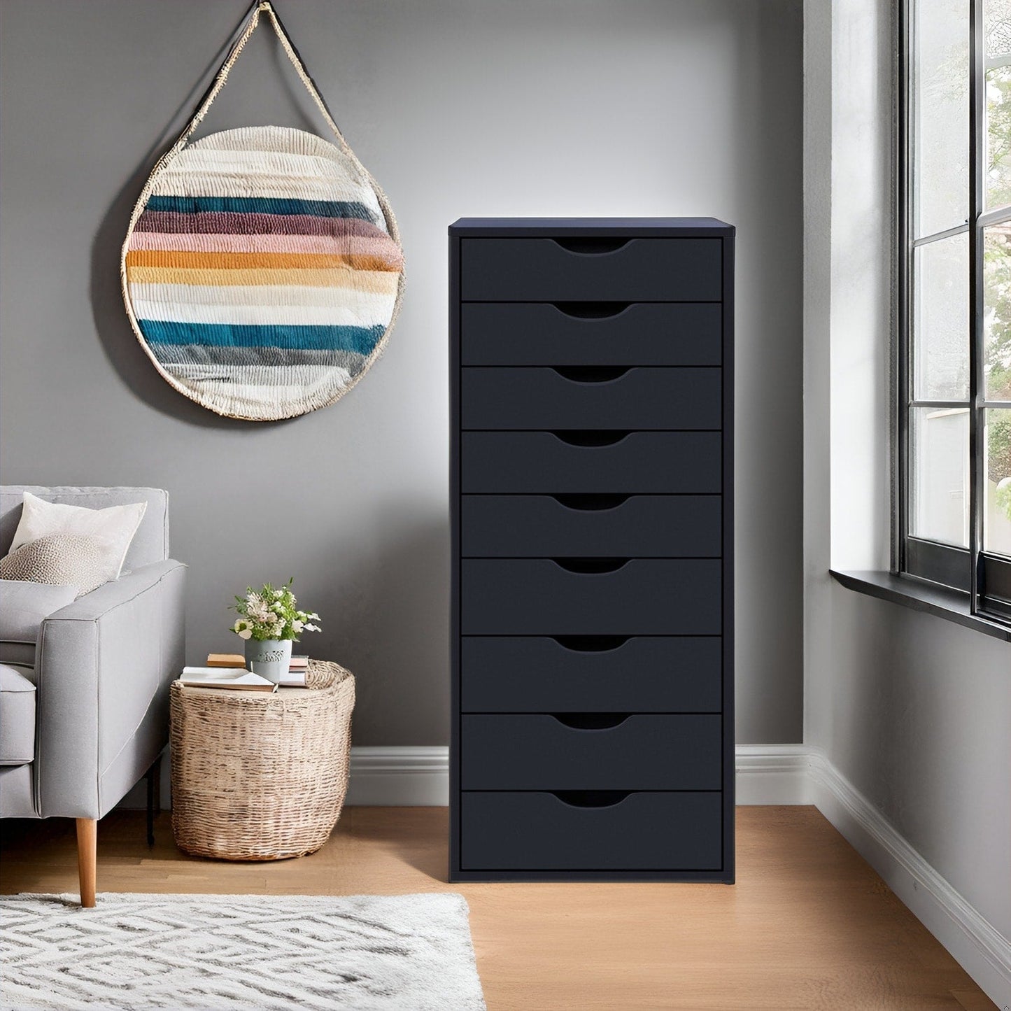 Narrow Wooden 9-Drawer Cabinet with Smooth-Glide Drawers and Top Storage Shelf