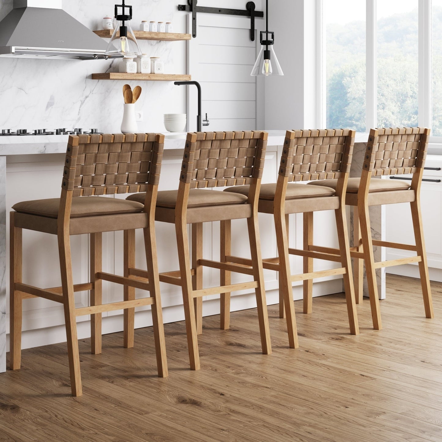 Nathan James Cohen Faux Leather Counter or Bar Height Stool, Solid Wood Frame with Footrest and Woven Leather Back
