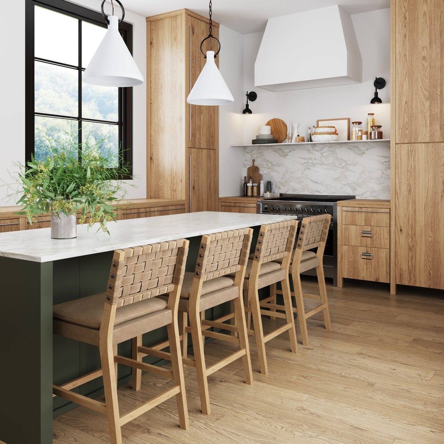Nathan James Cohen Faux Leather Counter or Bar Height Stool, Solid Wood Frame with Footrest and Woven Leather Back